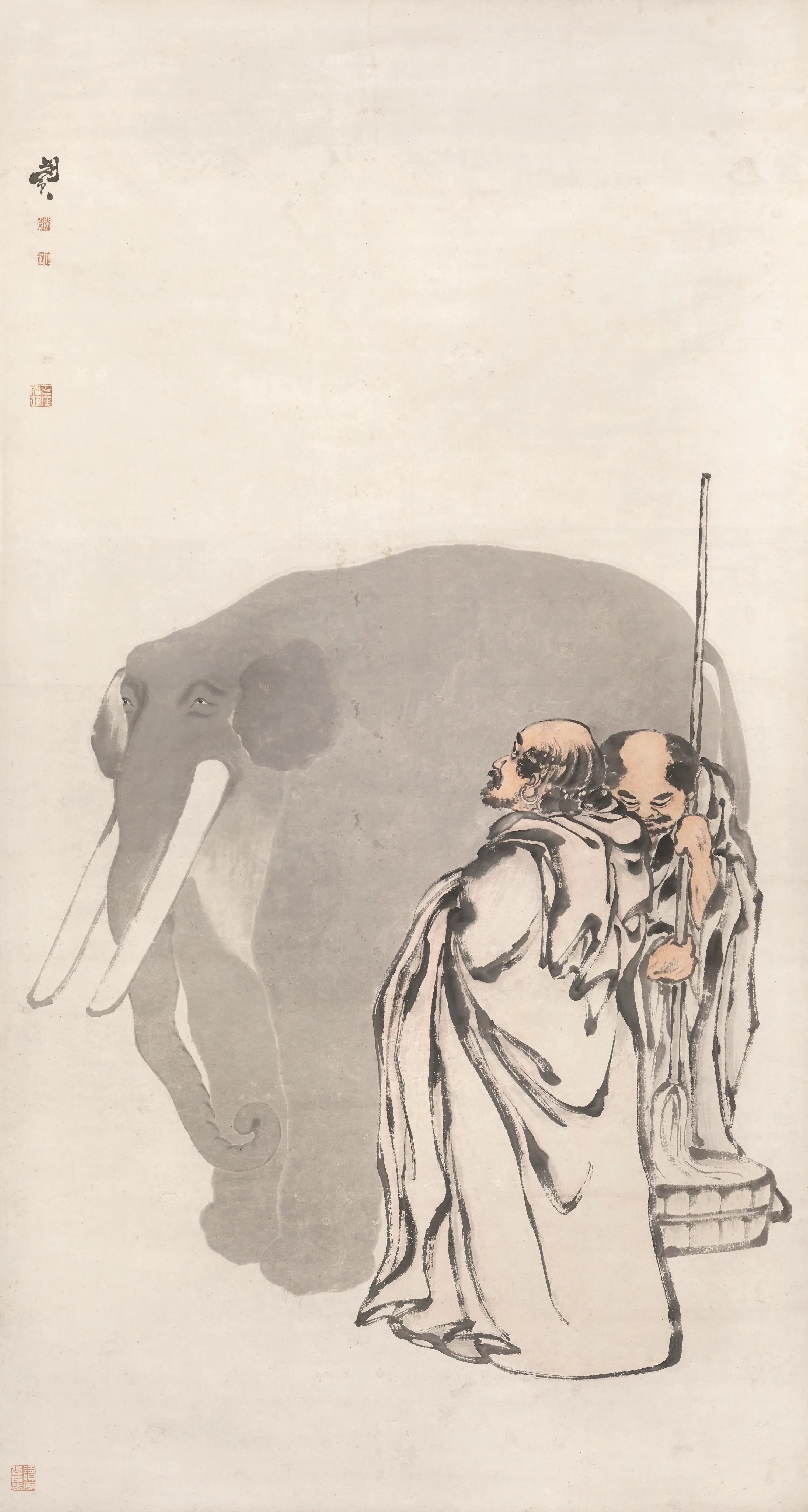 清代【闵贞】《洗象图轴》