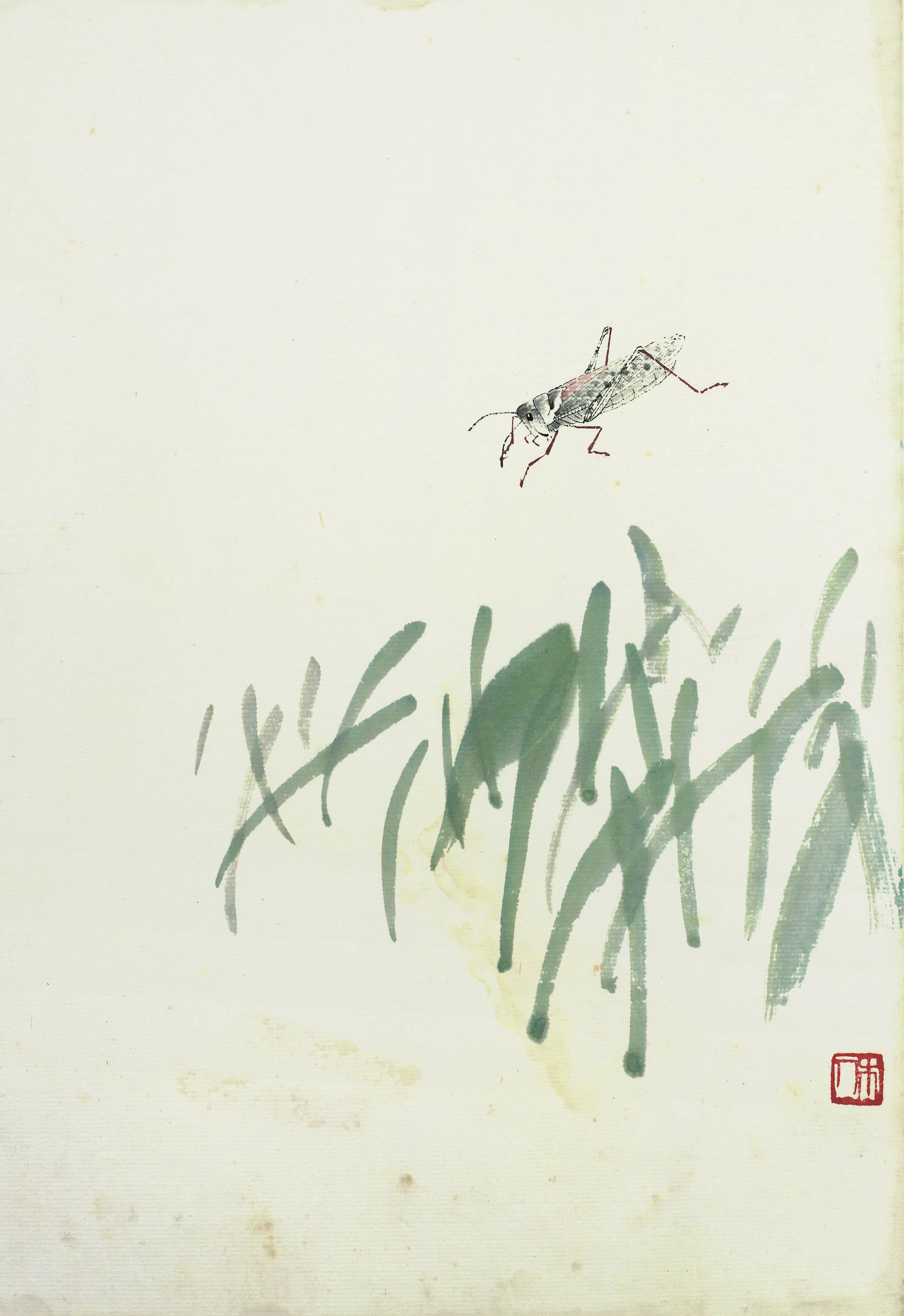 近现代【齐白石】《叶隐闻声-草木工笔草虫册-野草蜻蜓》