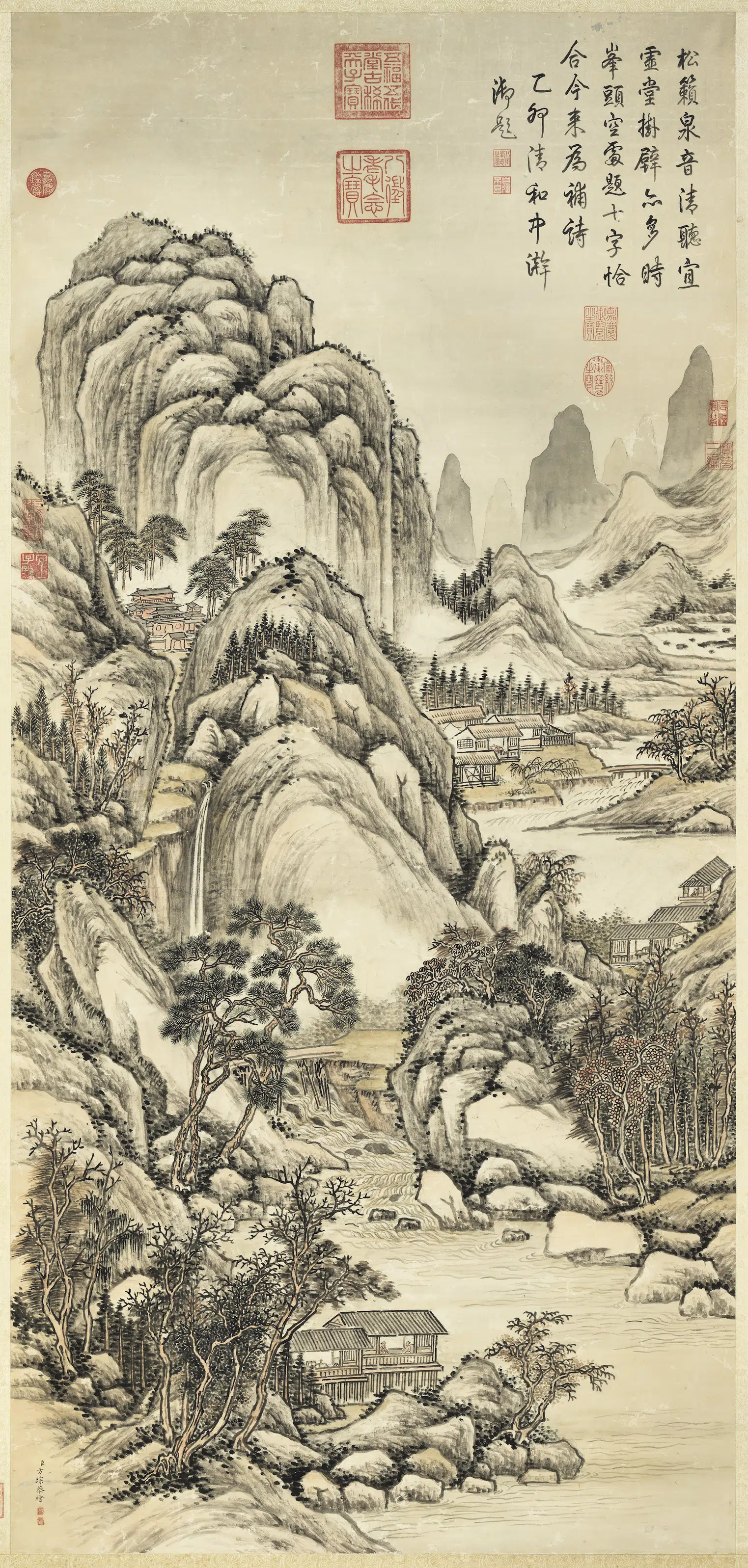 清代【方琮】《松阁听泉图轴》