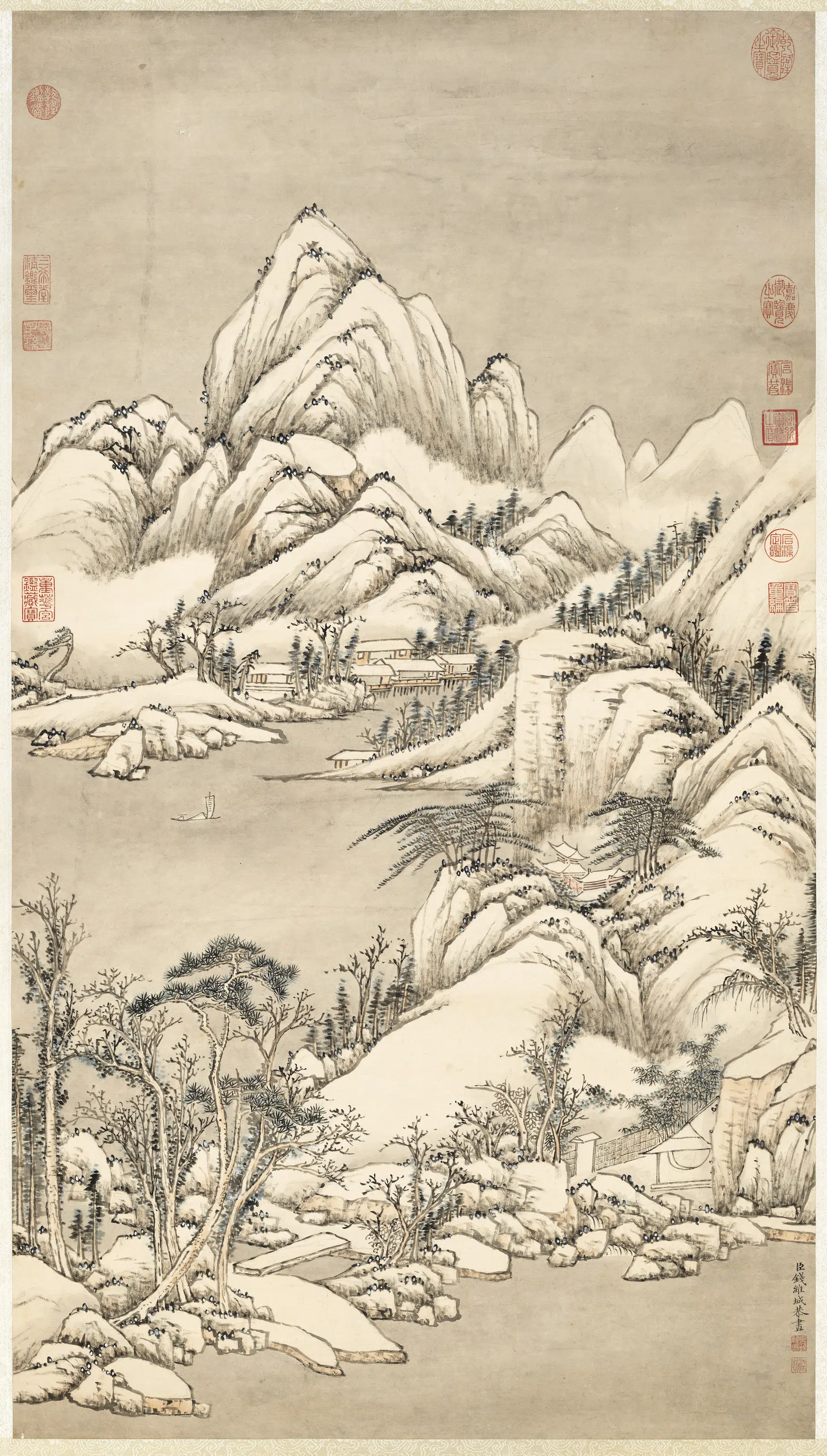 清代【钱维城】《雪浦归帆图轴》