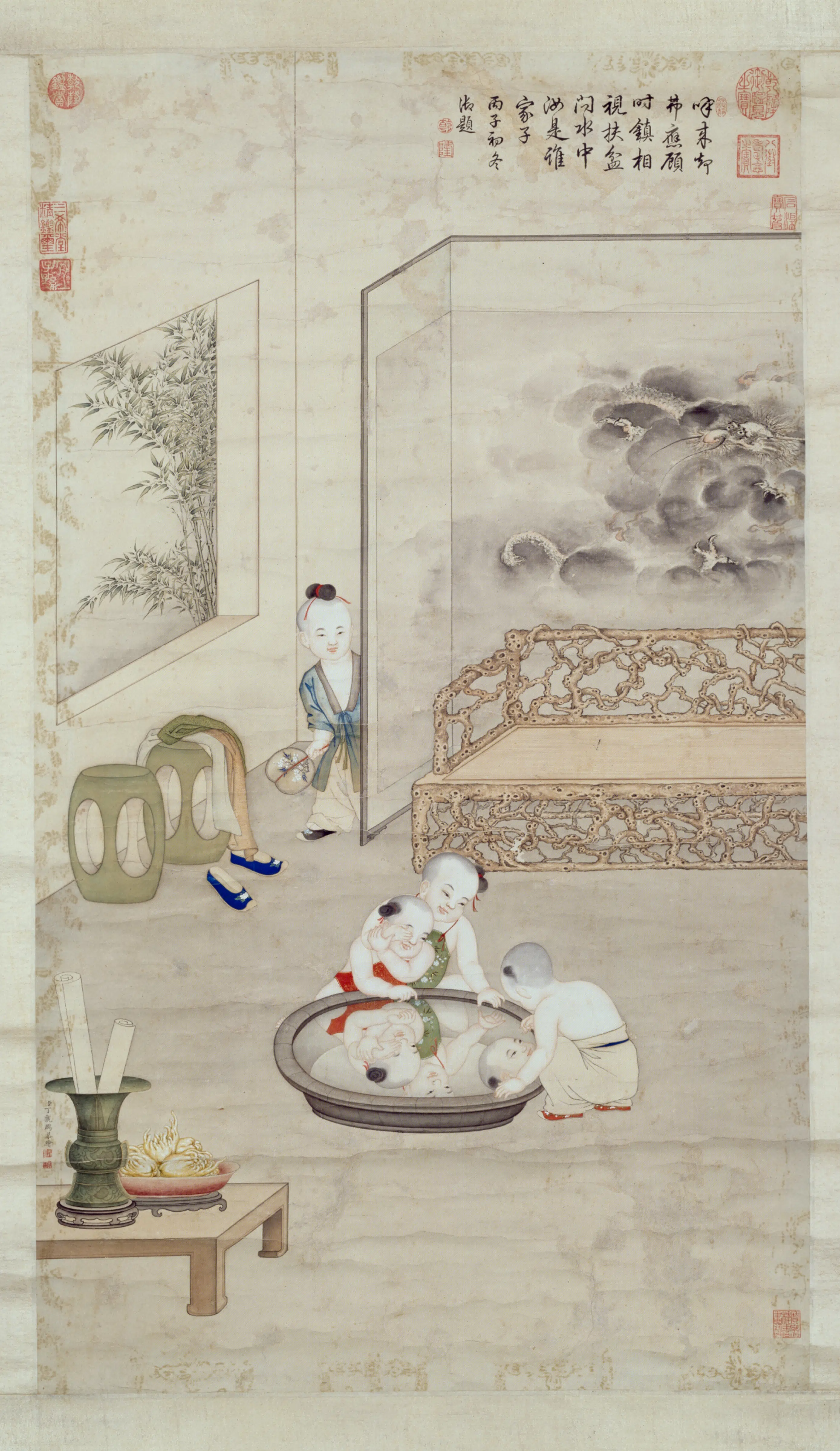 清代【丁观鹏】《照盆婴戏图轴》