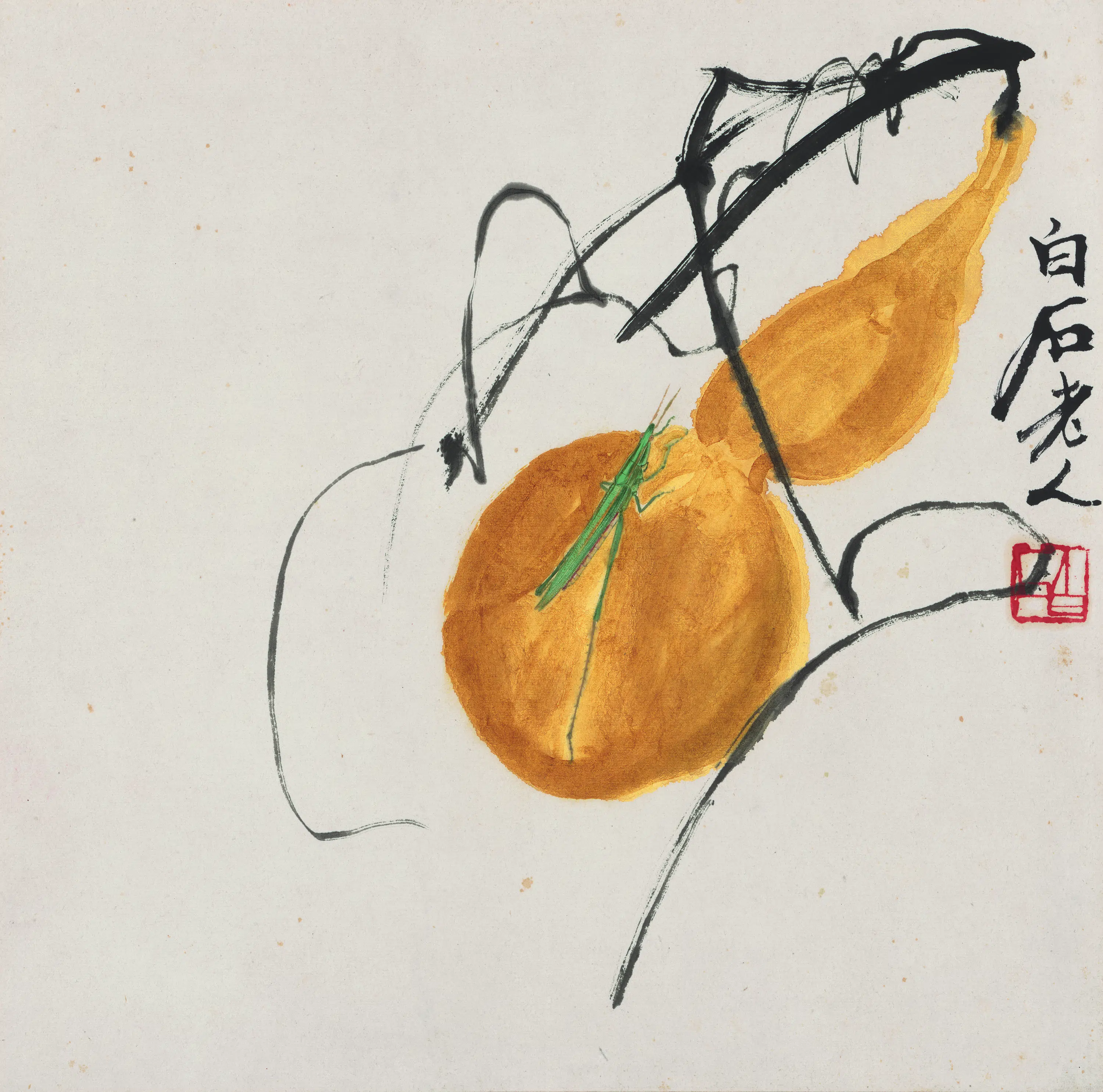 近现代【齐白石】《花果草虫册-葫芦螳螂图》 第1张