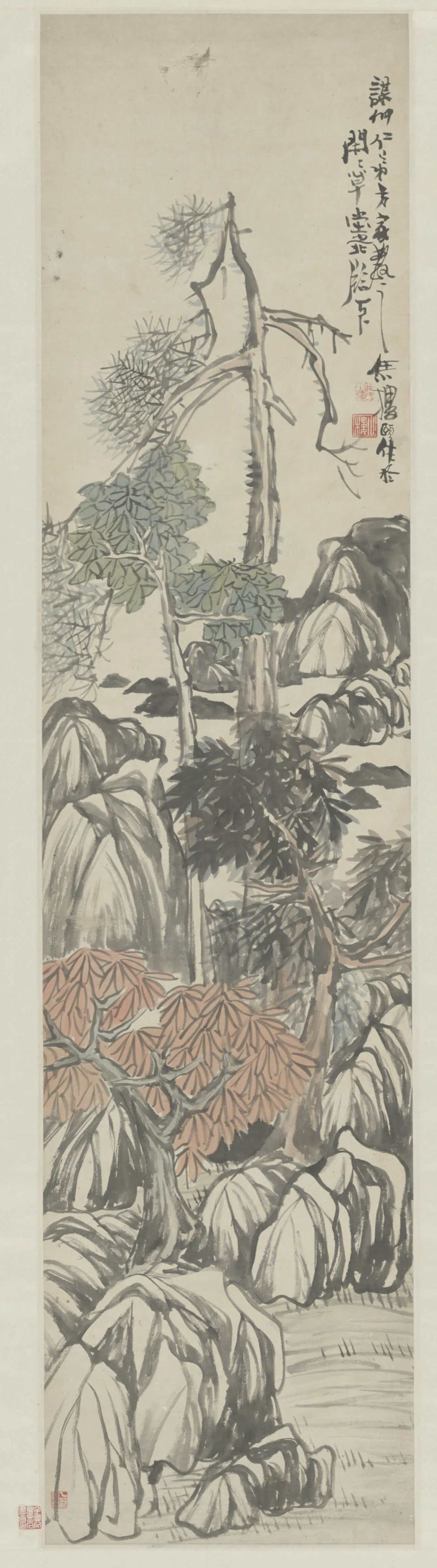 清代【任颐】《树石轴》