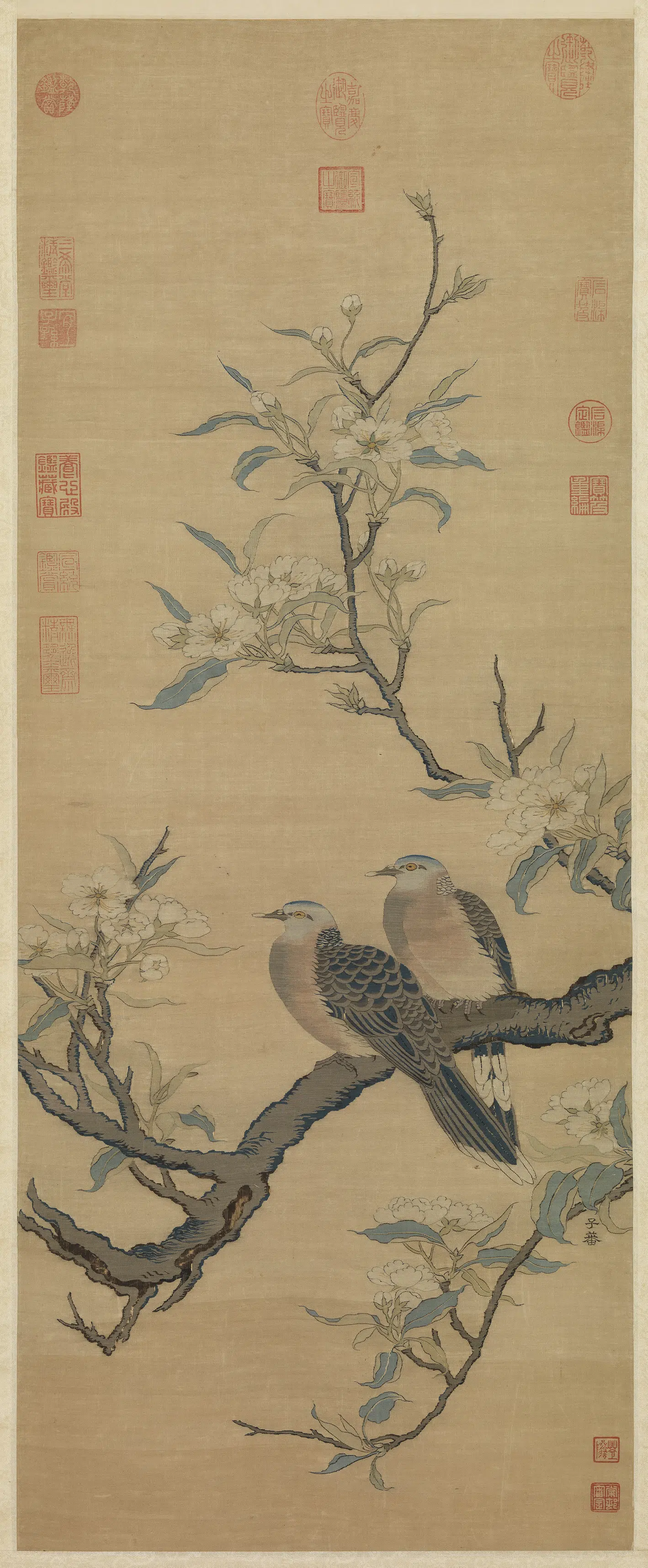 南宋【沈子蕃】《缂丝花鸟图轴》