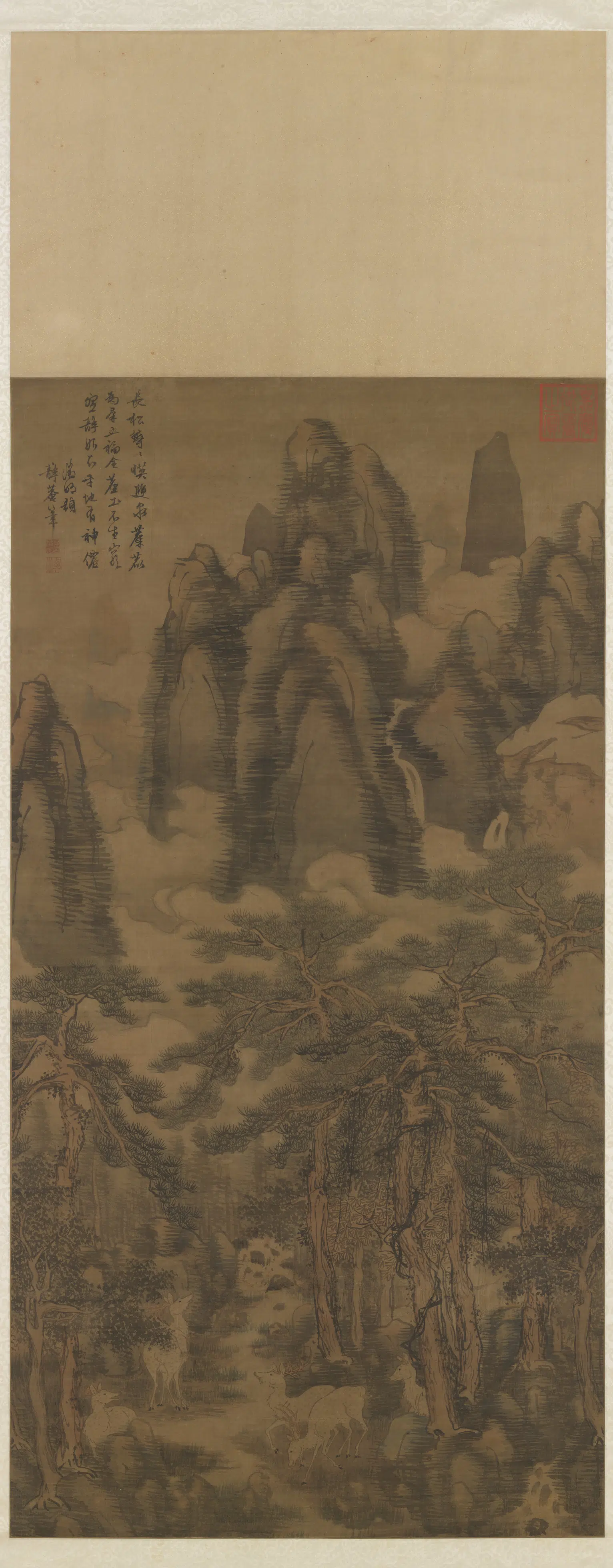 明朝【戴进】《长松五鹿图轴》