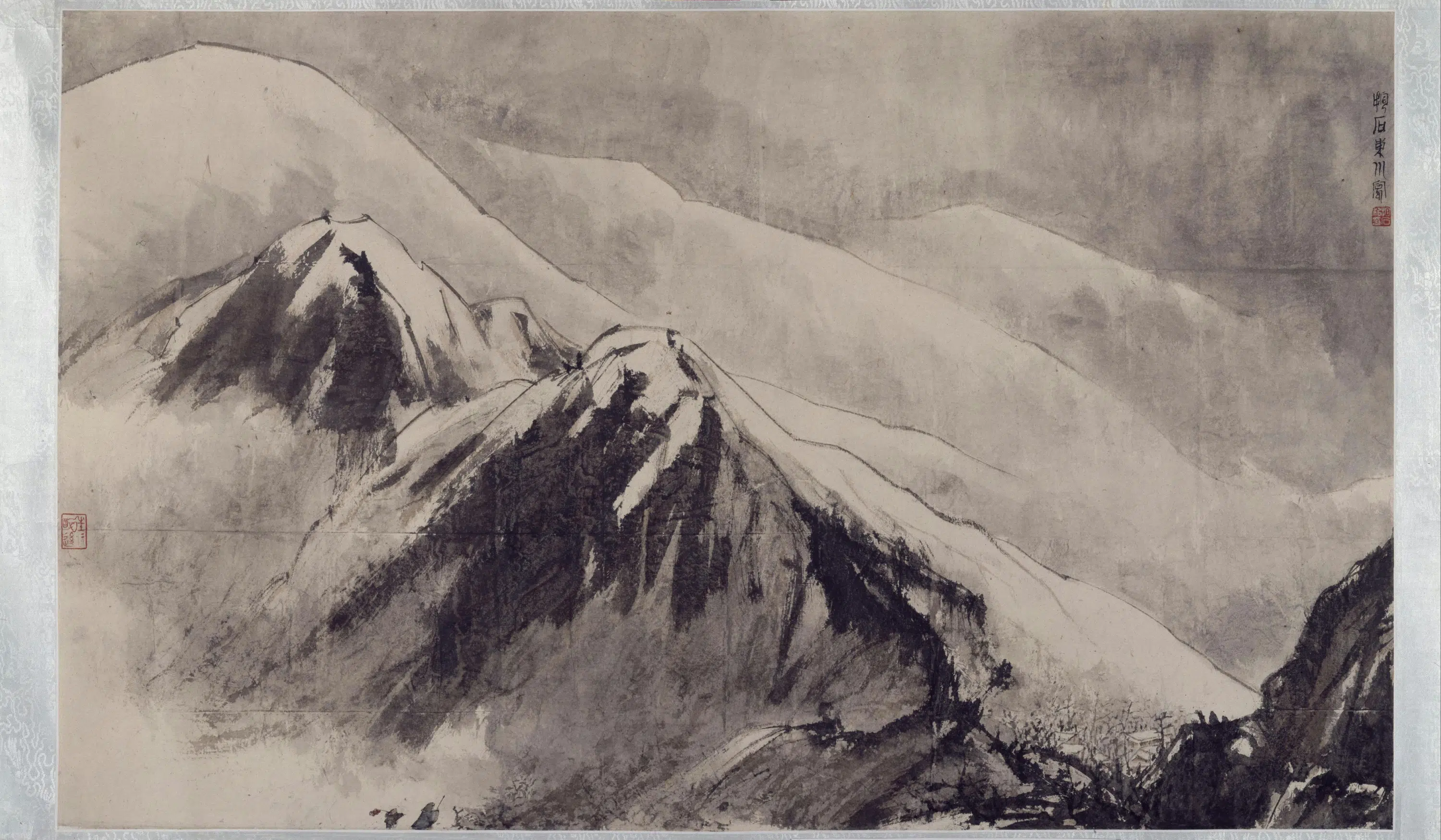 近现代【傅抱石】《雪山行旅图横幅》