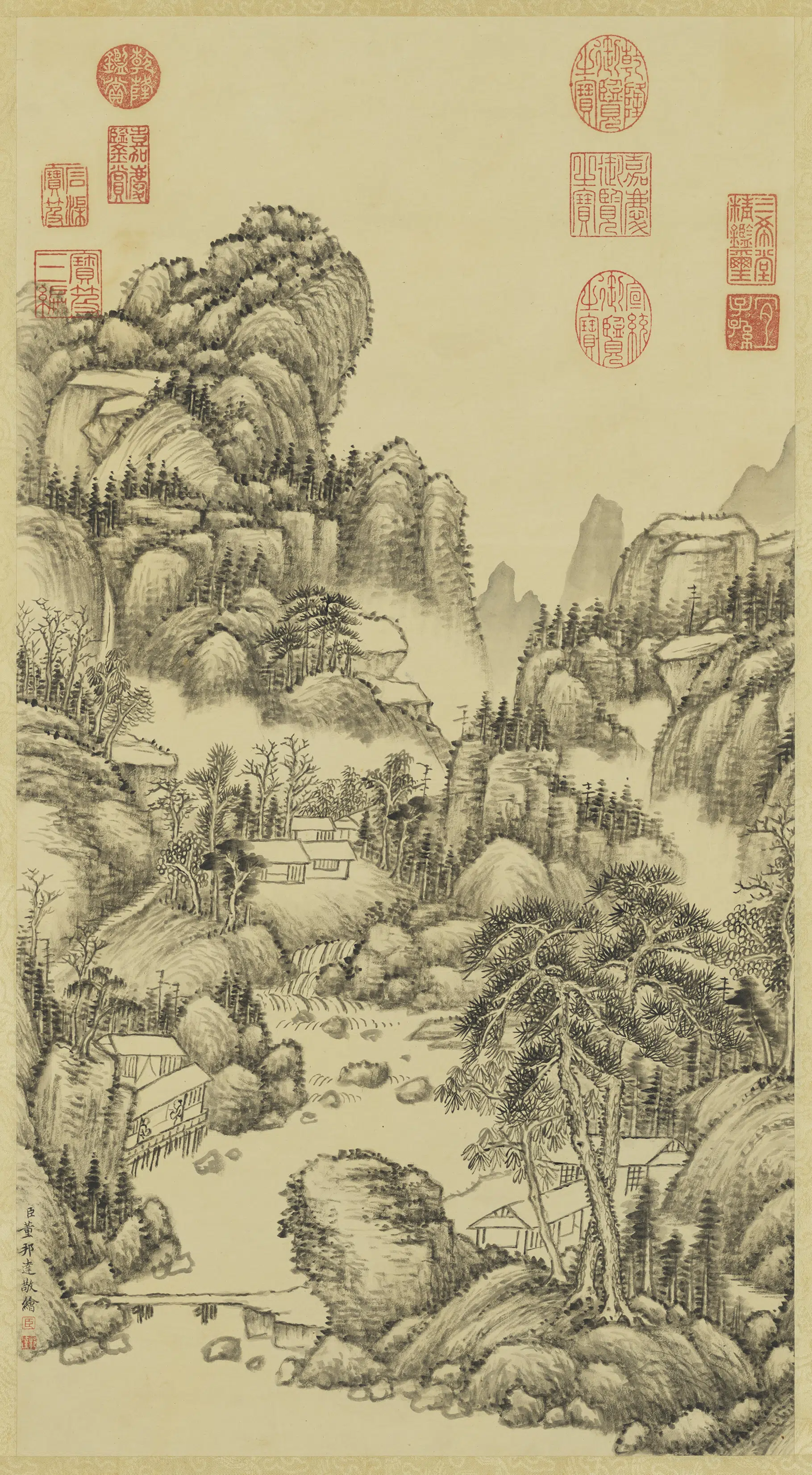 清代【董邦达】《水阁听泉图轴》