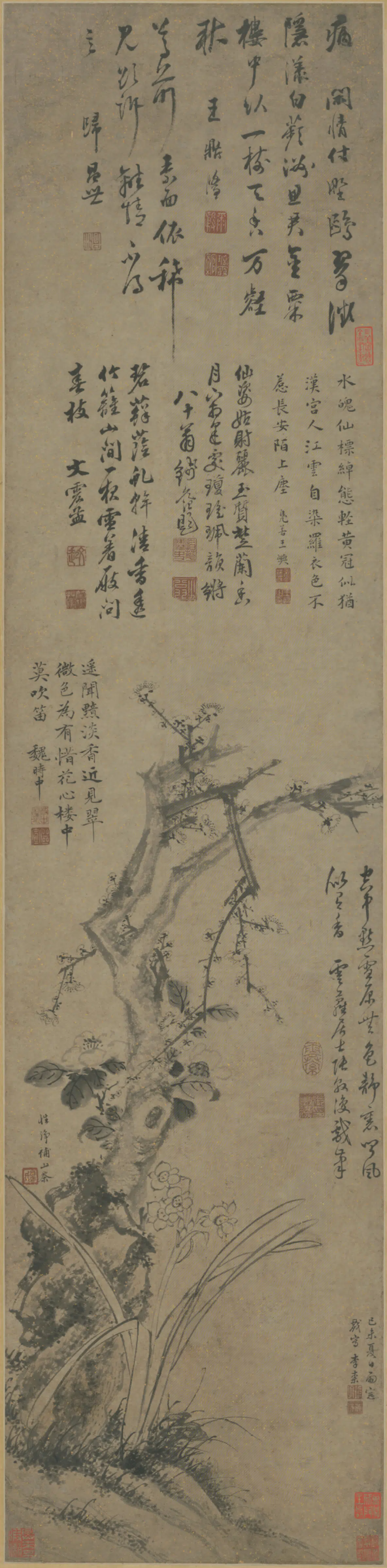 明朝【张敦复】《等三家合绘花卉轴》
