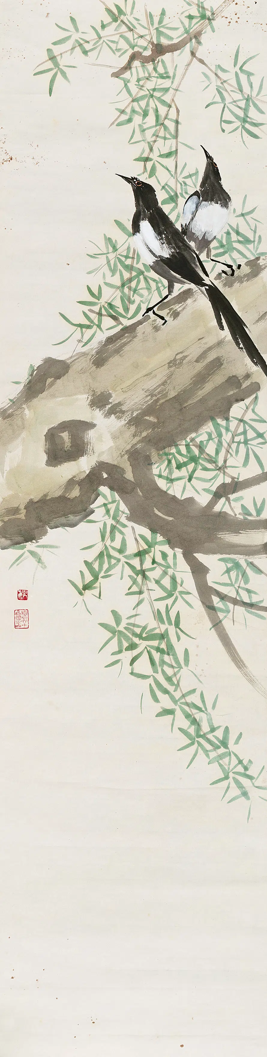 近代【陈树人】《杨柳喜鹊轴》