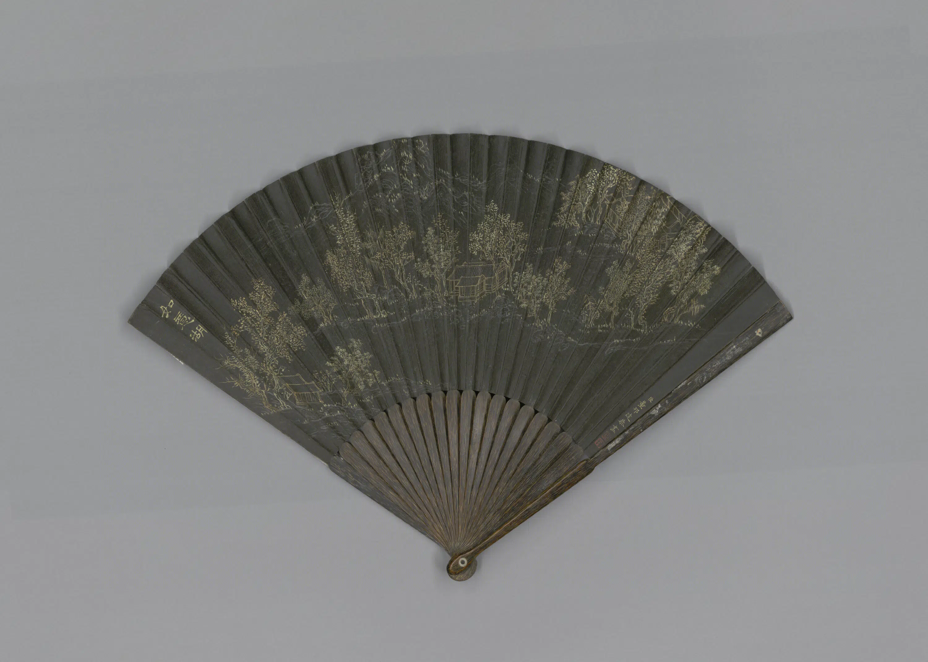 清代【董邦达】《画如意湖汪由敦书诗成扇》