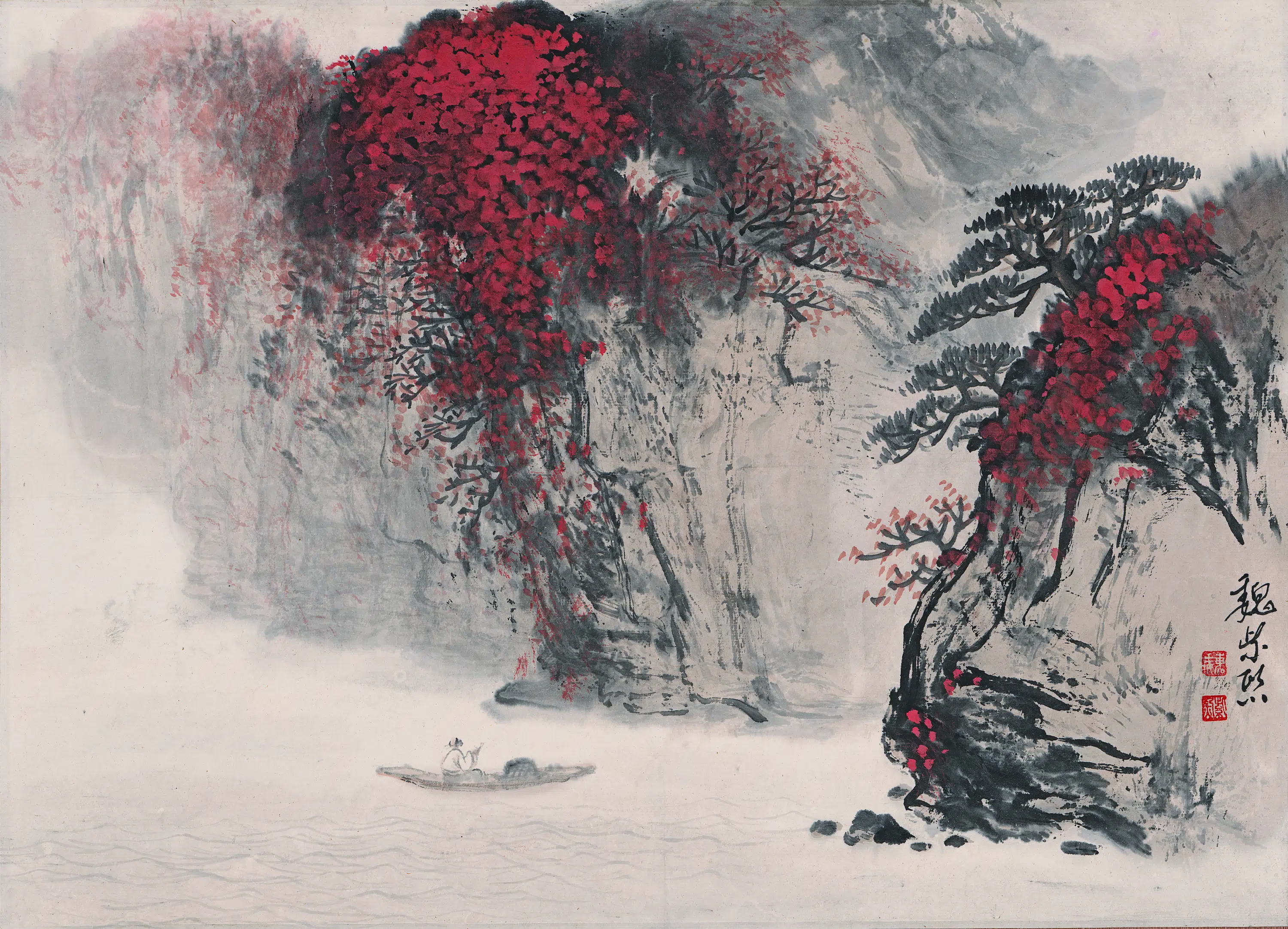 近现代【魏紫熙】《独舟游江图轴》