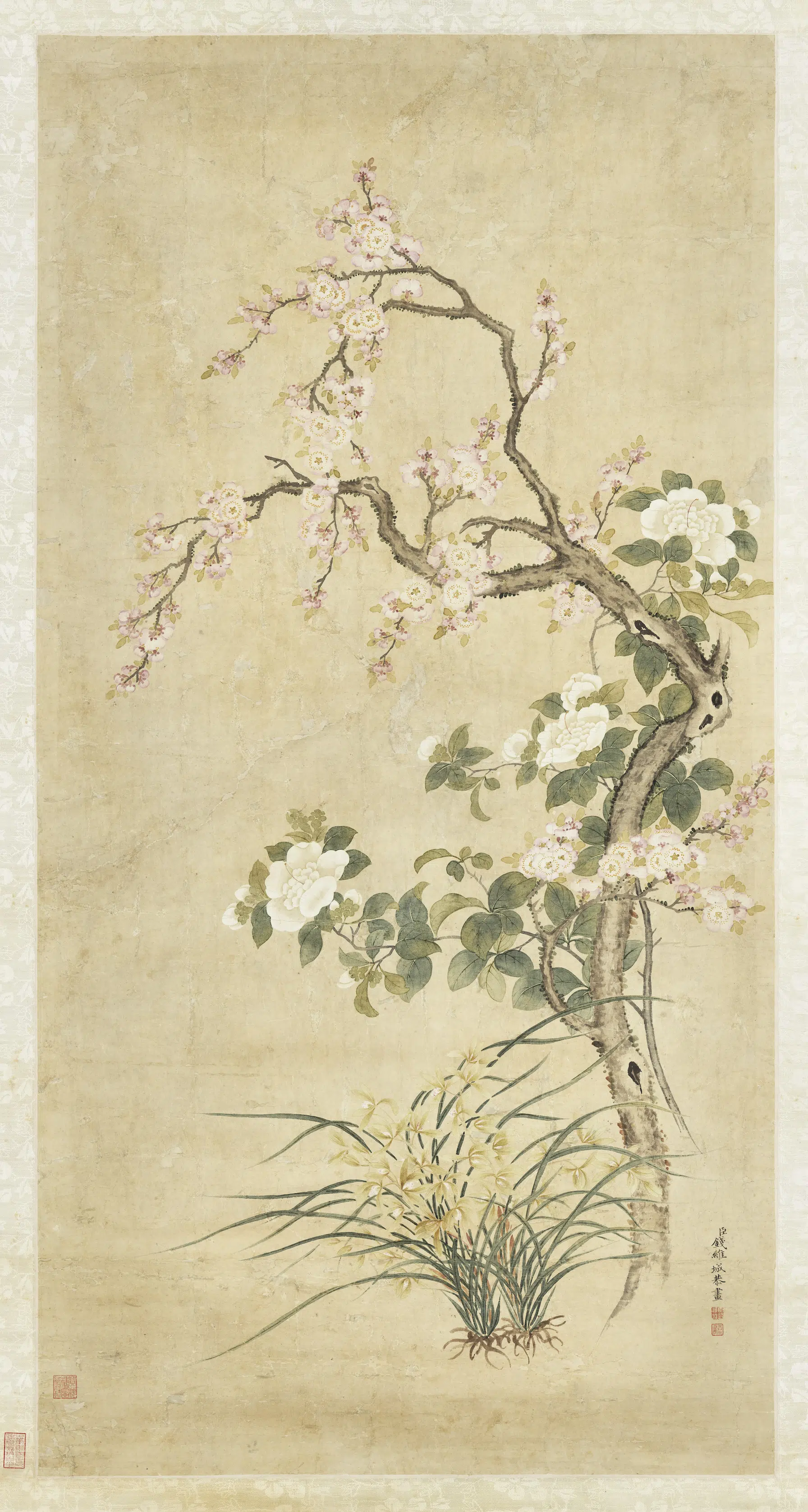 清代【钱维城】《兰杏山茶图轴》