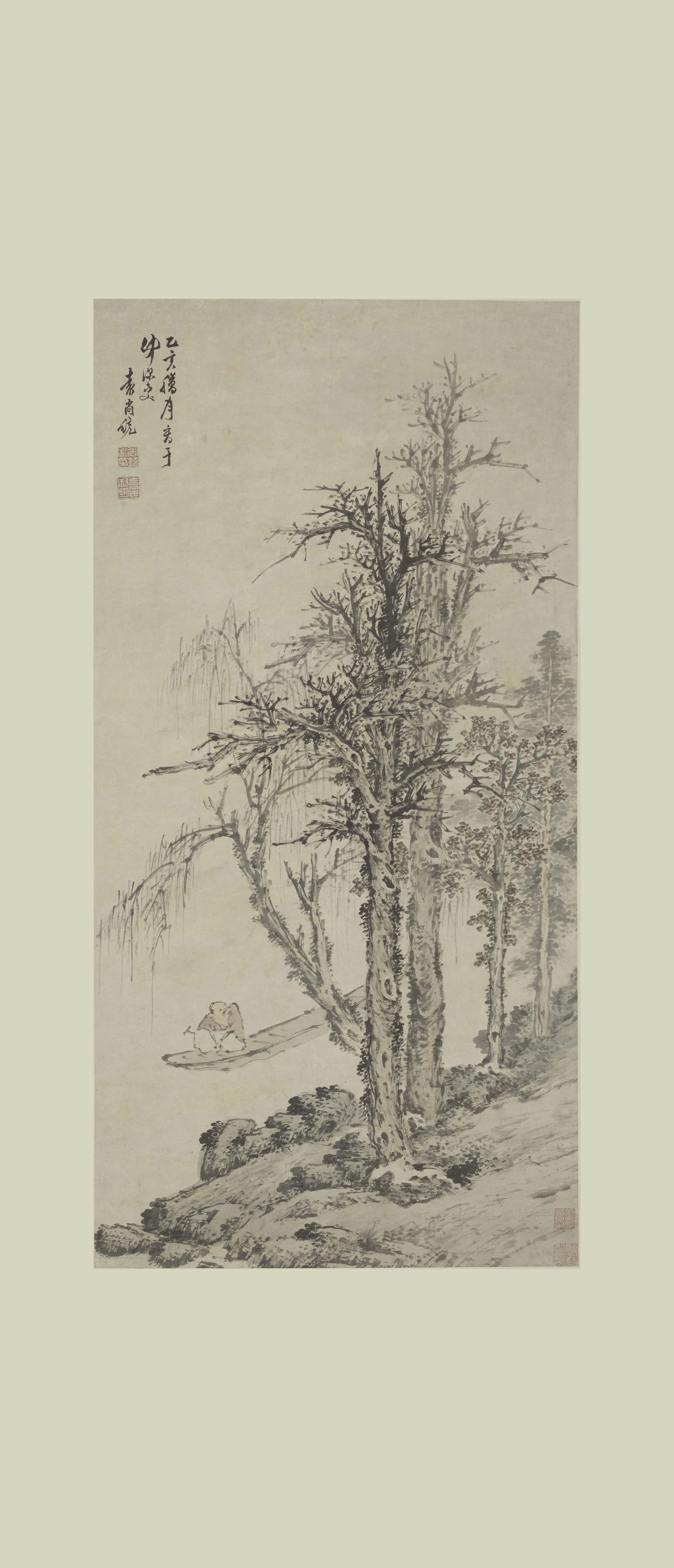 明朝【袁尚统】《秋江鼓棹图轴》 第1张