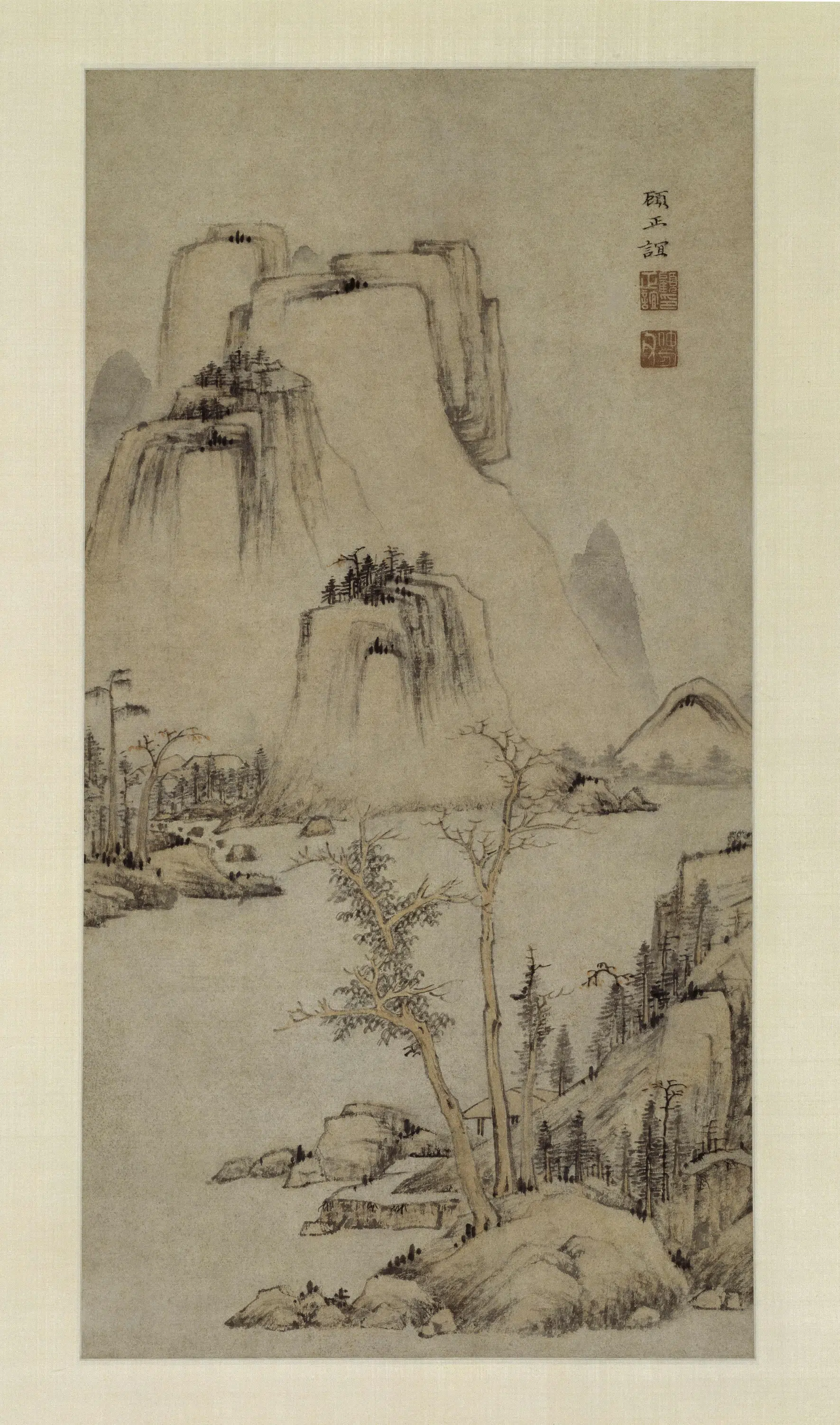 明朝【顾正谊】《江岸长亭图轴》 第1张