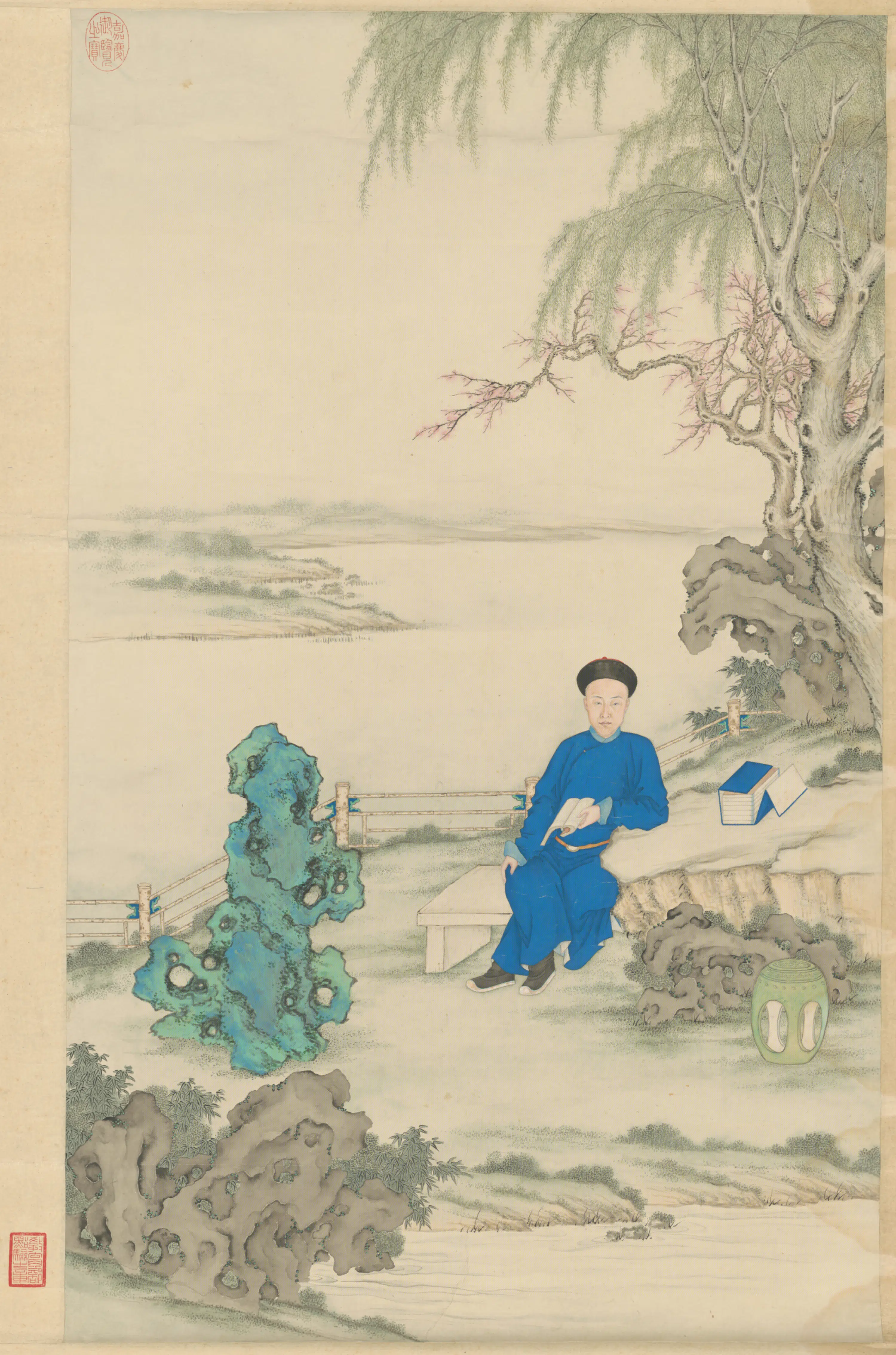 清代【爱新觉罗颙(永)琰-嘉庆皇帝】《清人画春苑展书图轴》