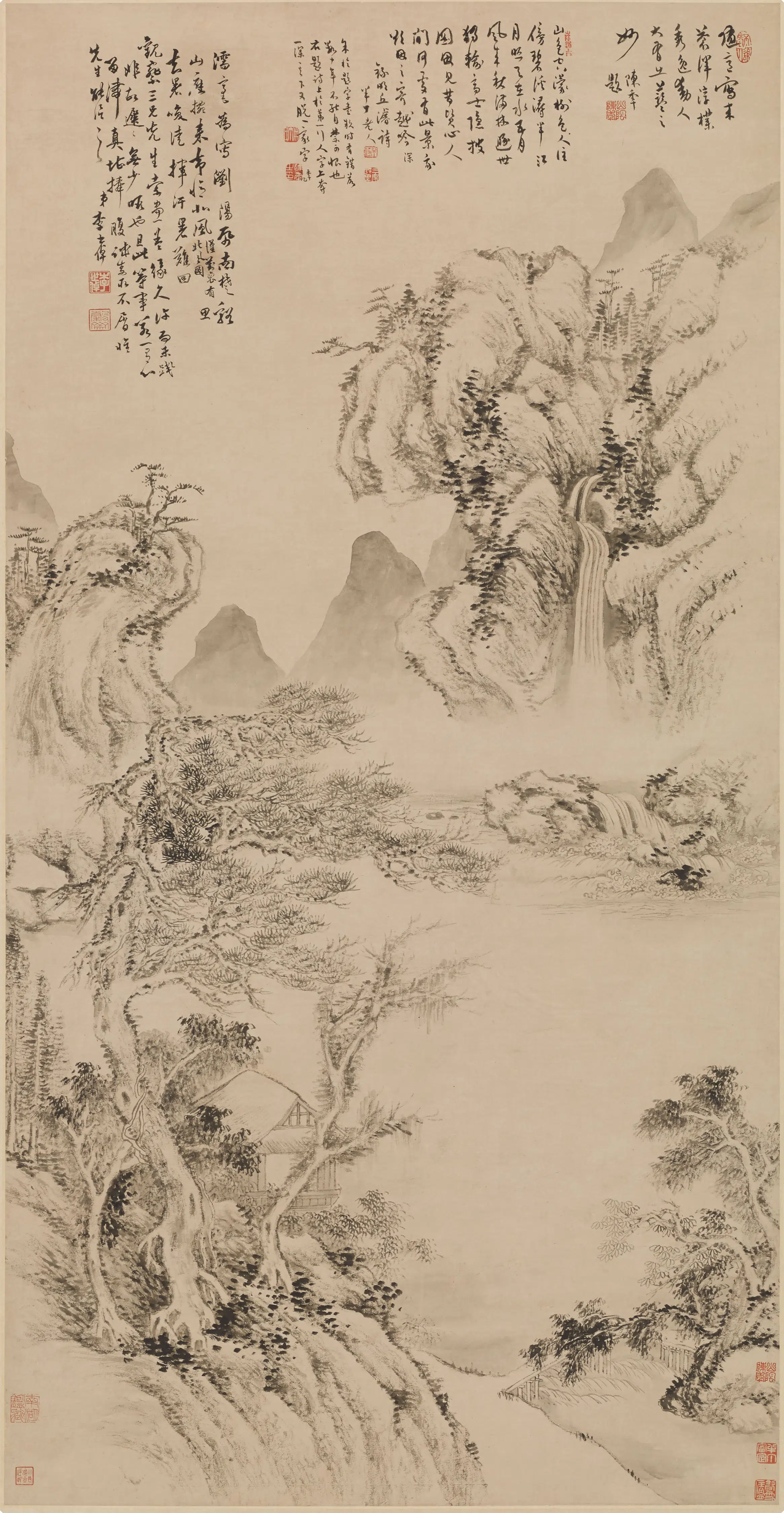 清代【李世倬】《松阁听泉图轴》