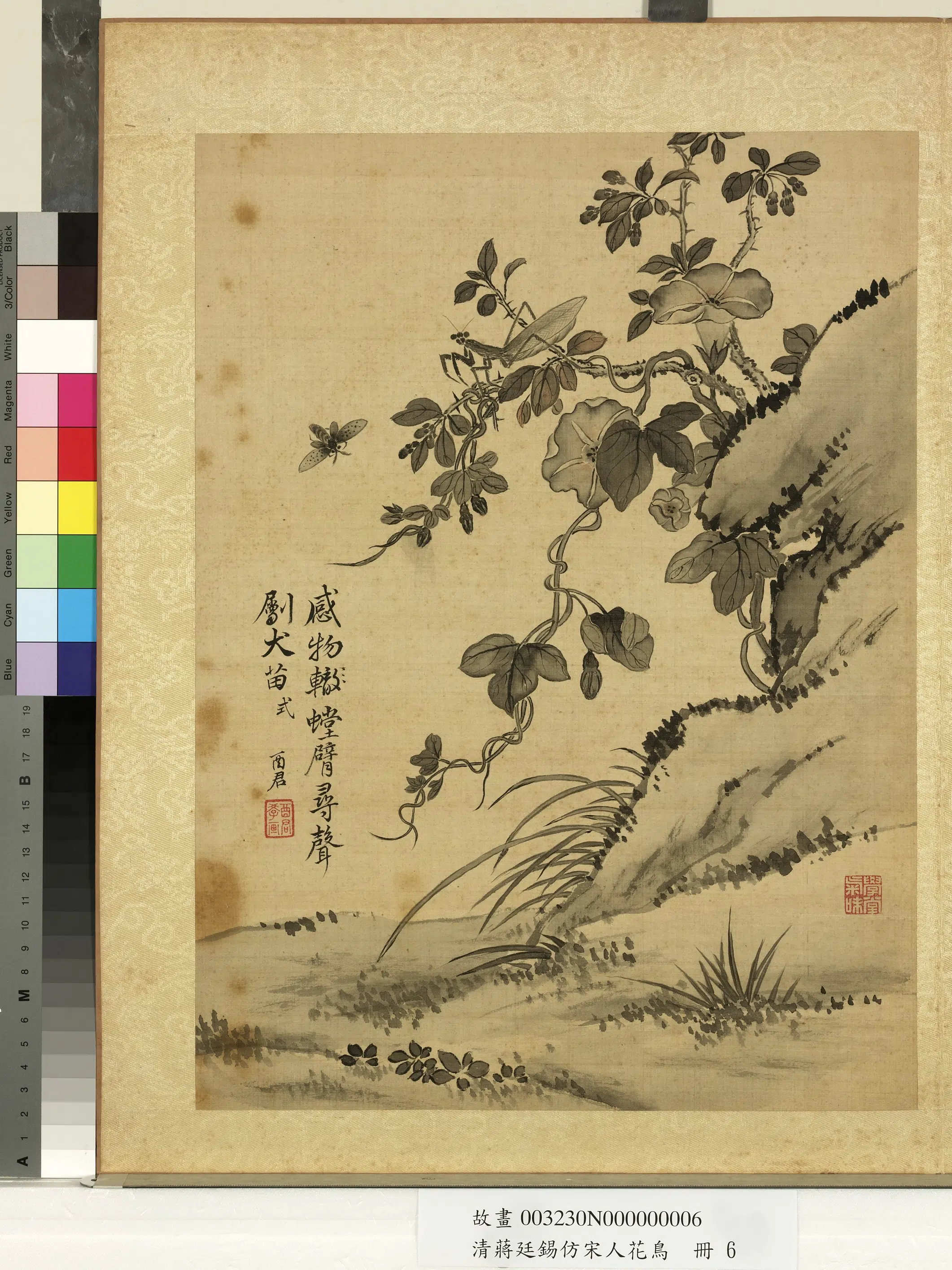 清代【蒋廷锡】《仿宋人花鸟册-牵牛螳螂》