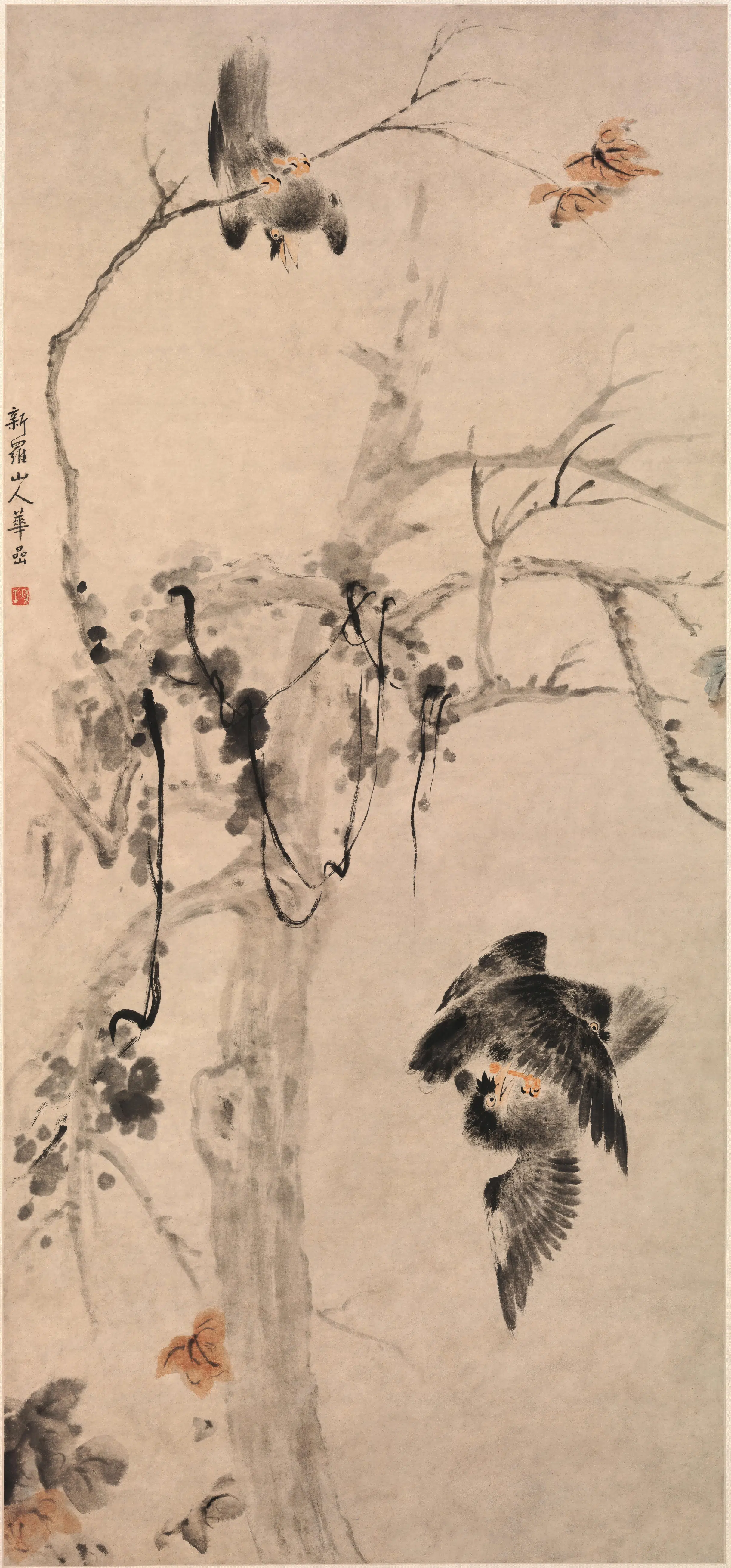 清代【华喦】《秋树斗禽图轴》