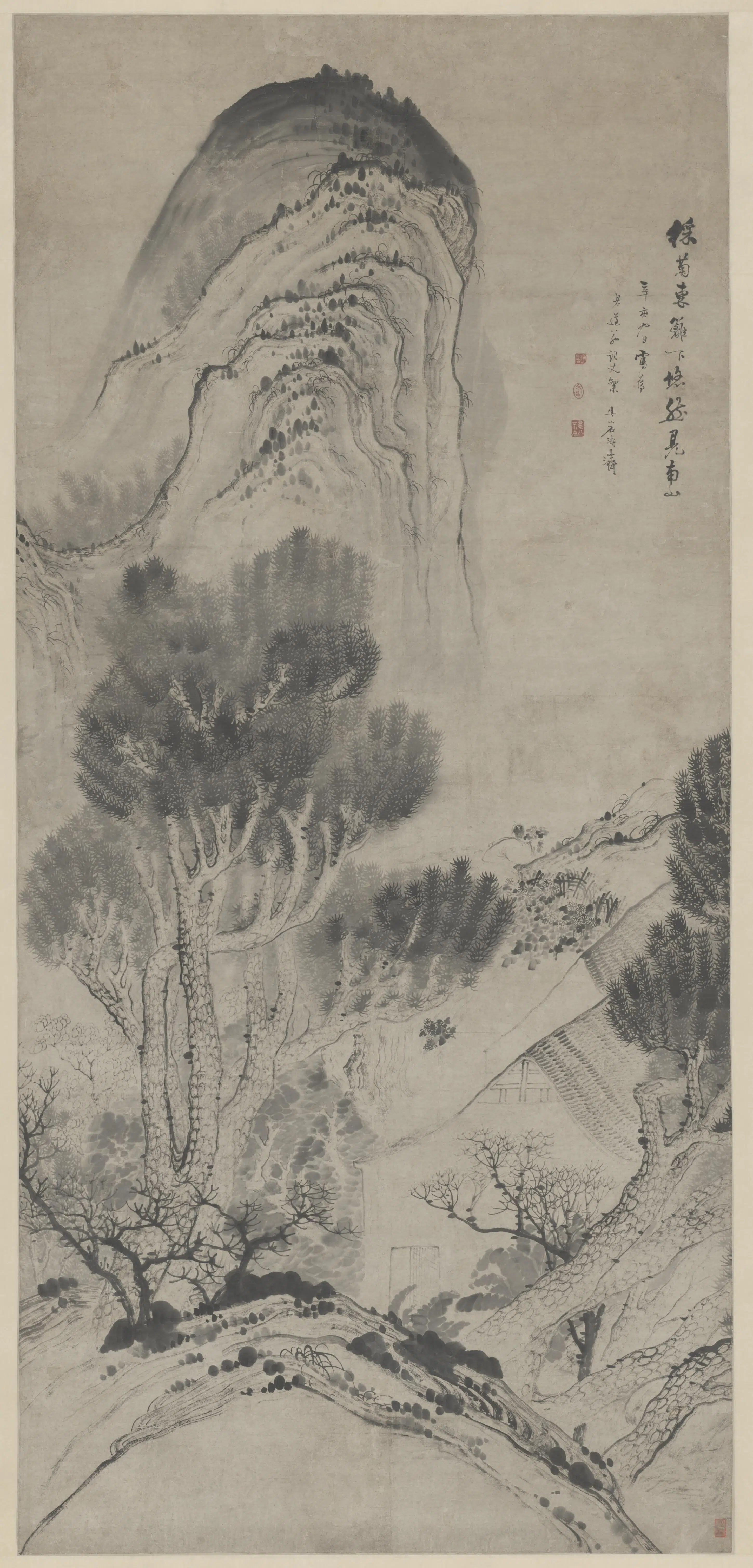 清代【石涛】《陶诗采菊图轴》