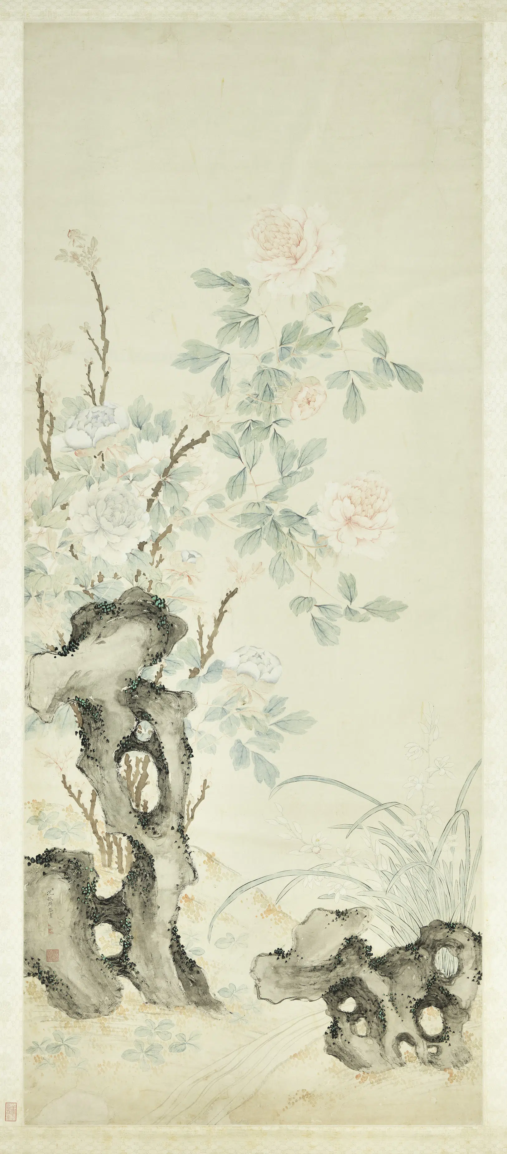 清朝【沈振麟】《牡丹兰花图轴》