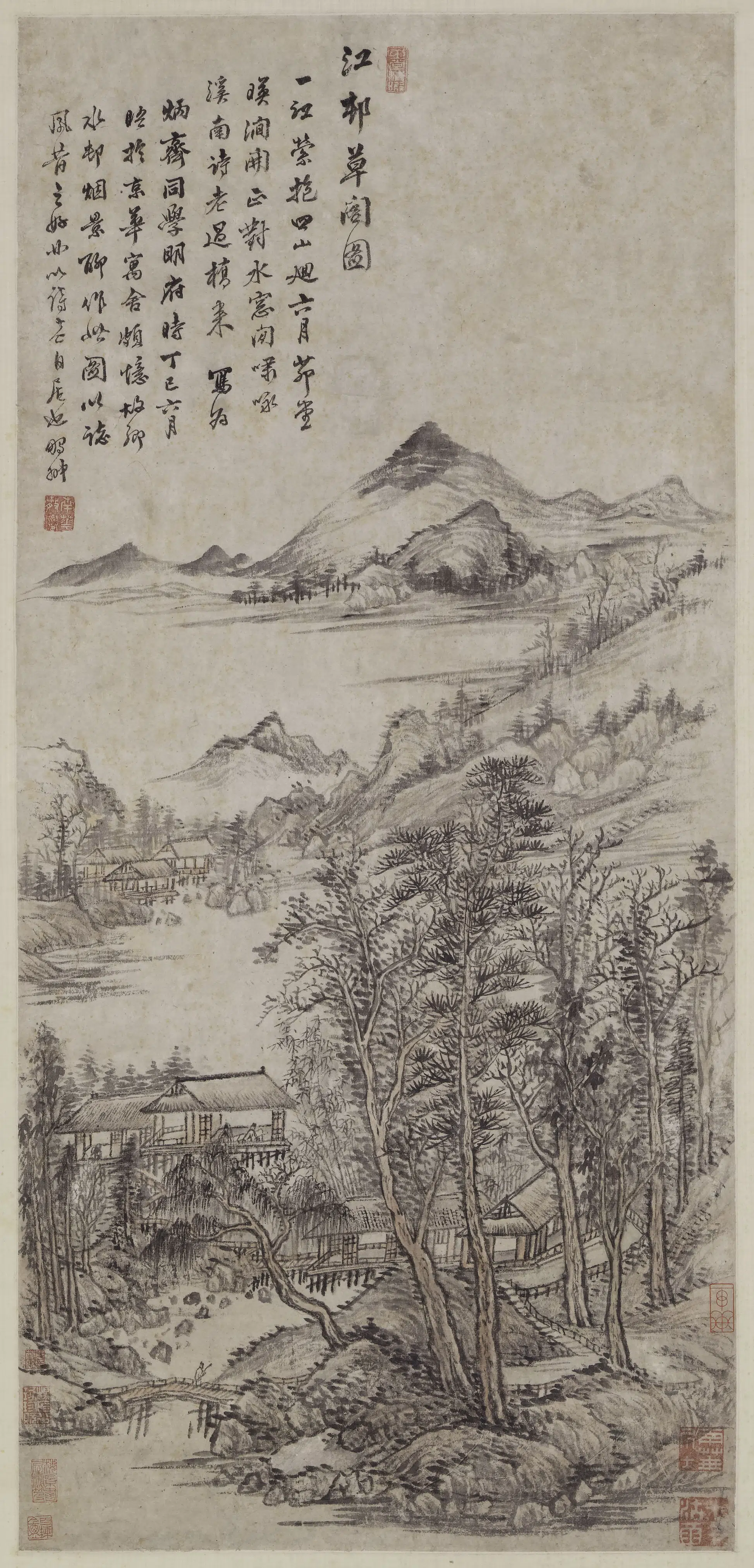 清代【张鹏翀】《江村草阁图轴》 第1张