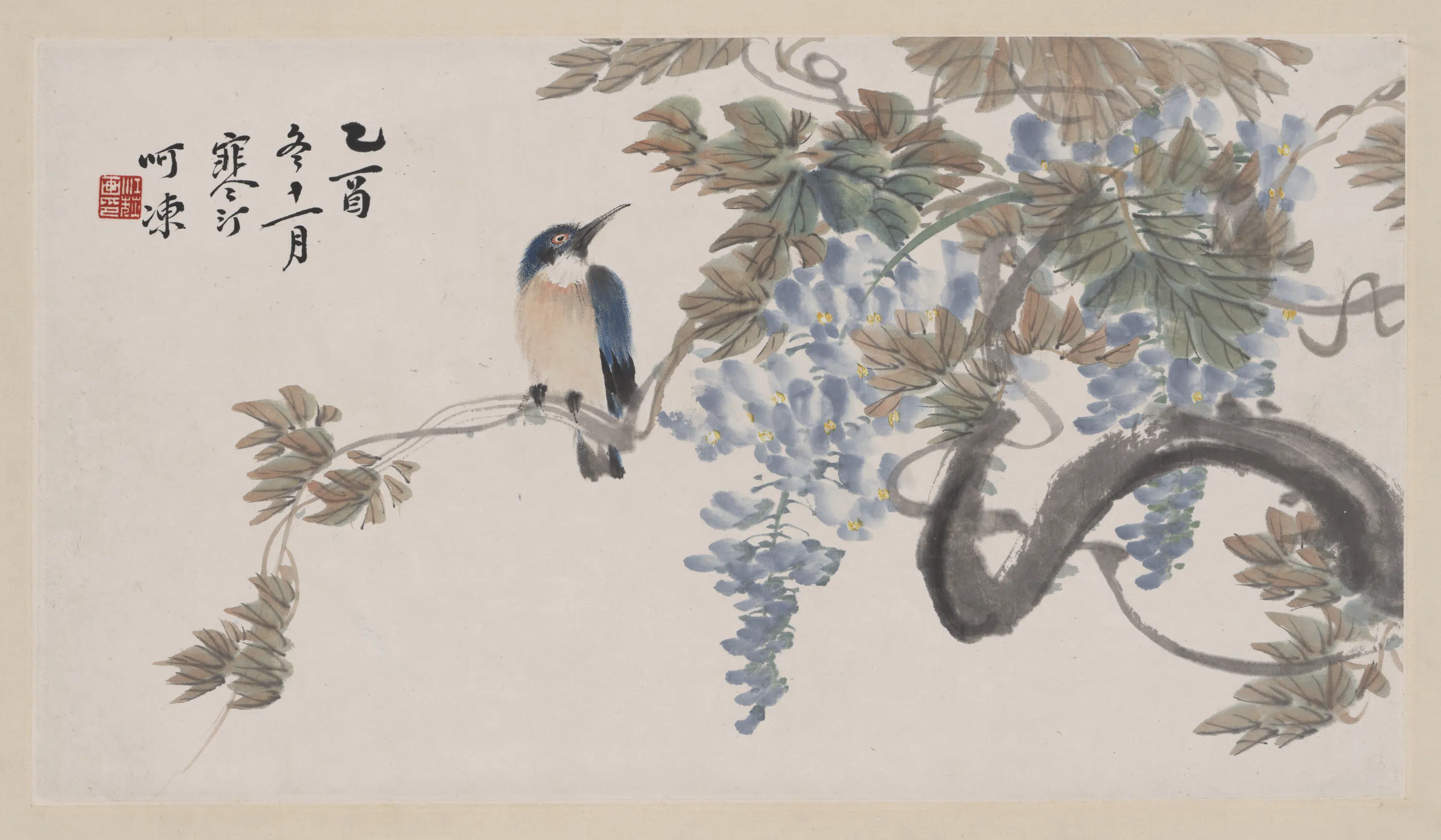 近现代【江寒汀】《紫滕小鸟图轴-1》