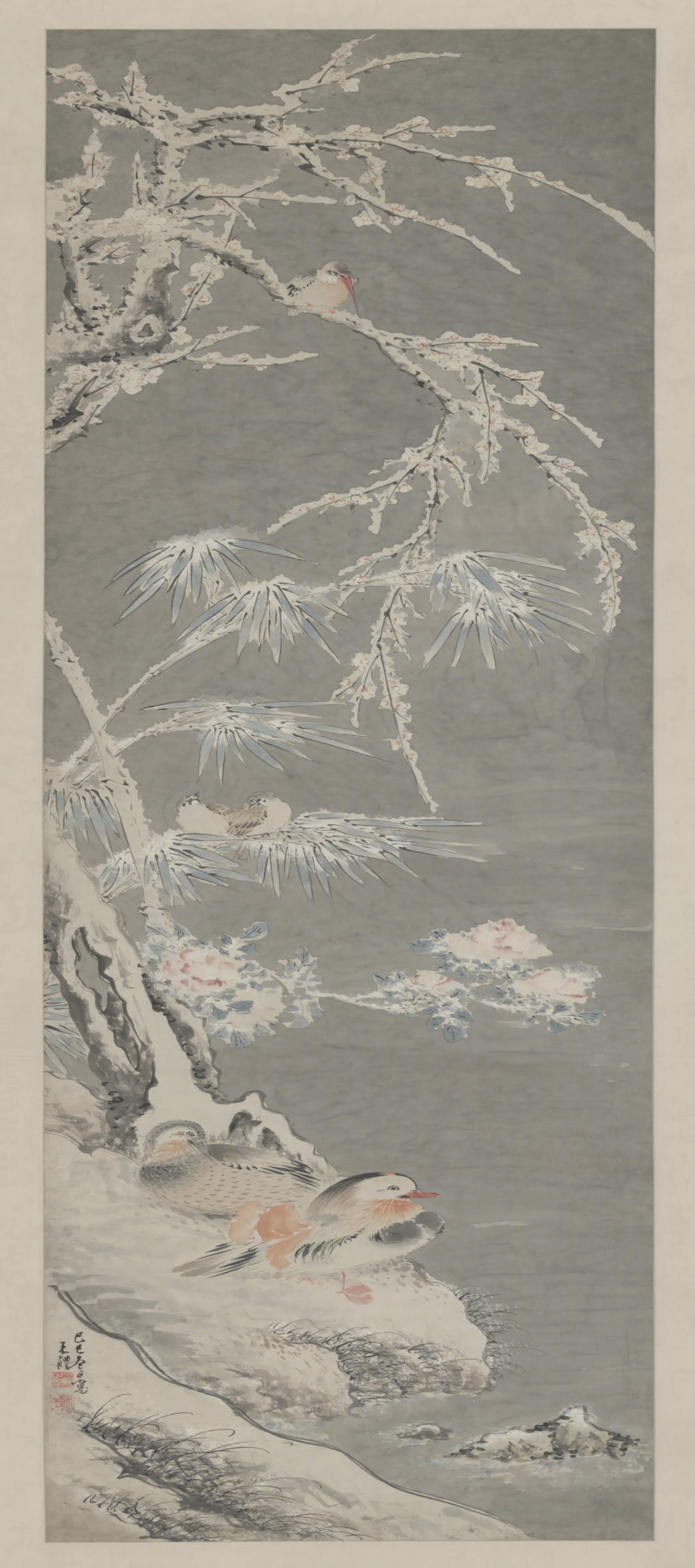 明朝【王醴】《雪梅鴛鴦图軸》