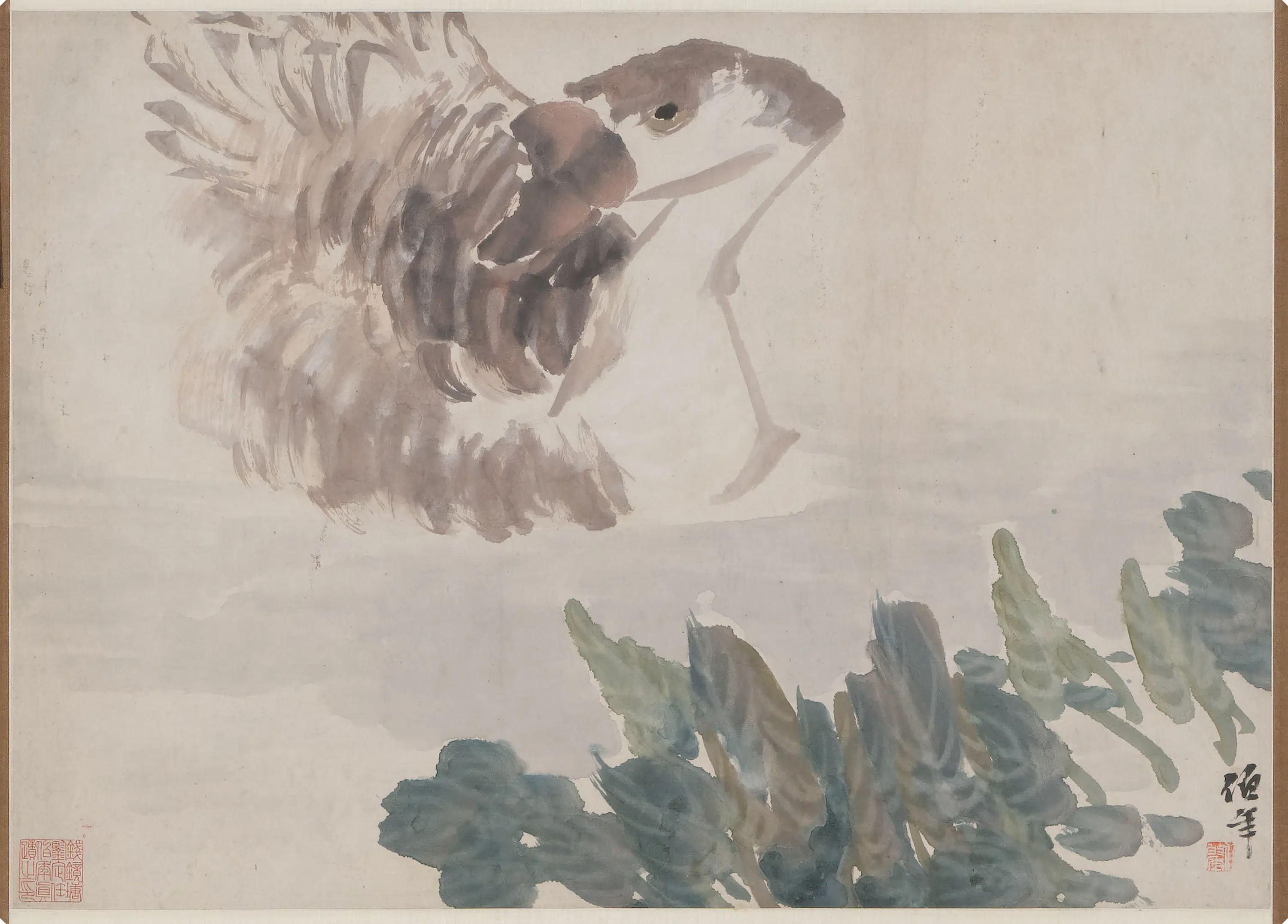 清代【任伯年（任颐）】《野塘鹅乐图轴》
