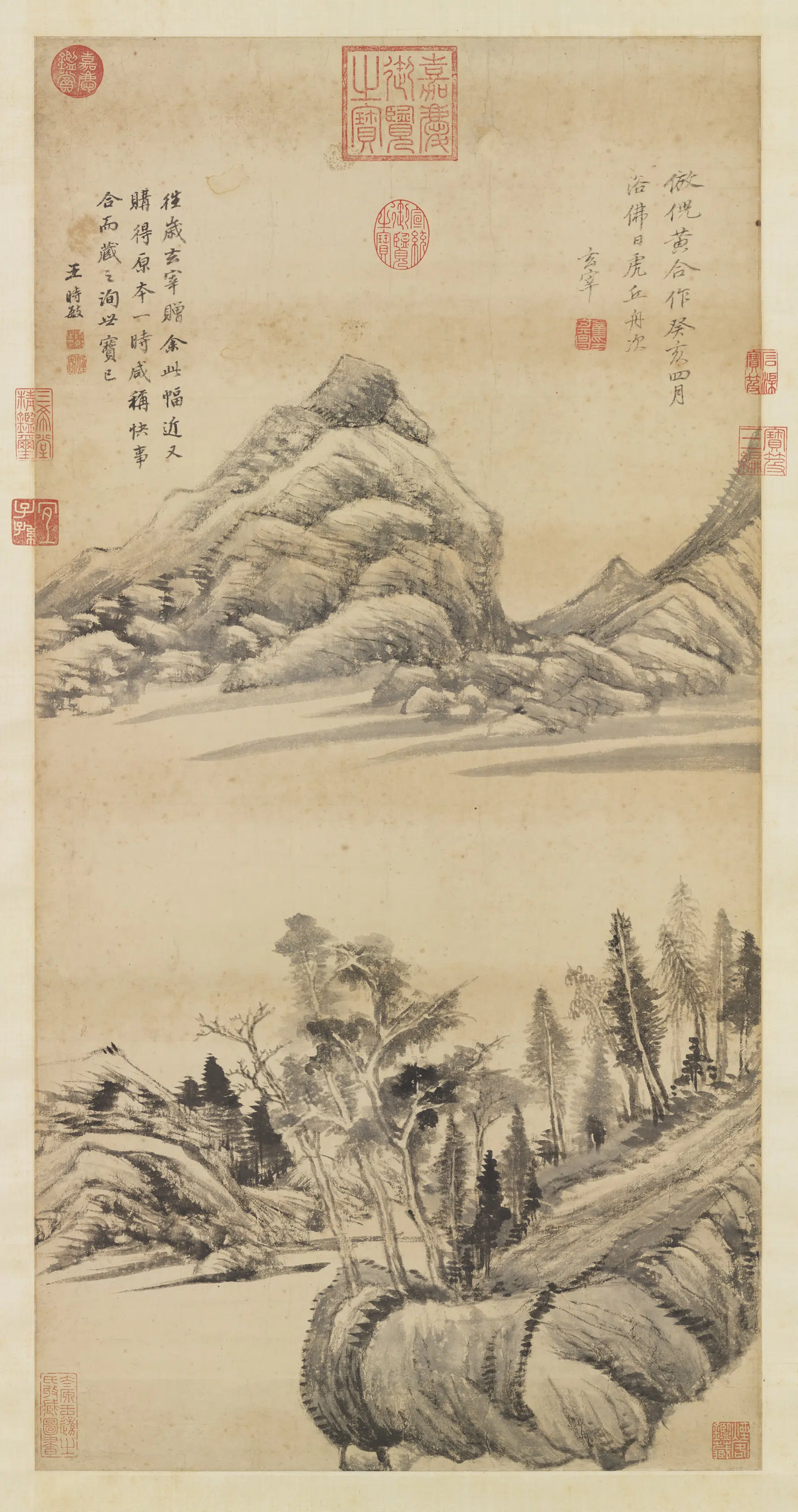 明代【董其昌】《仿倪黄合作图轴》