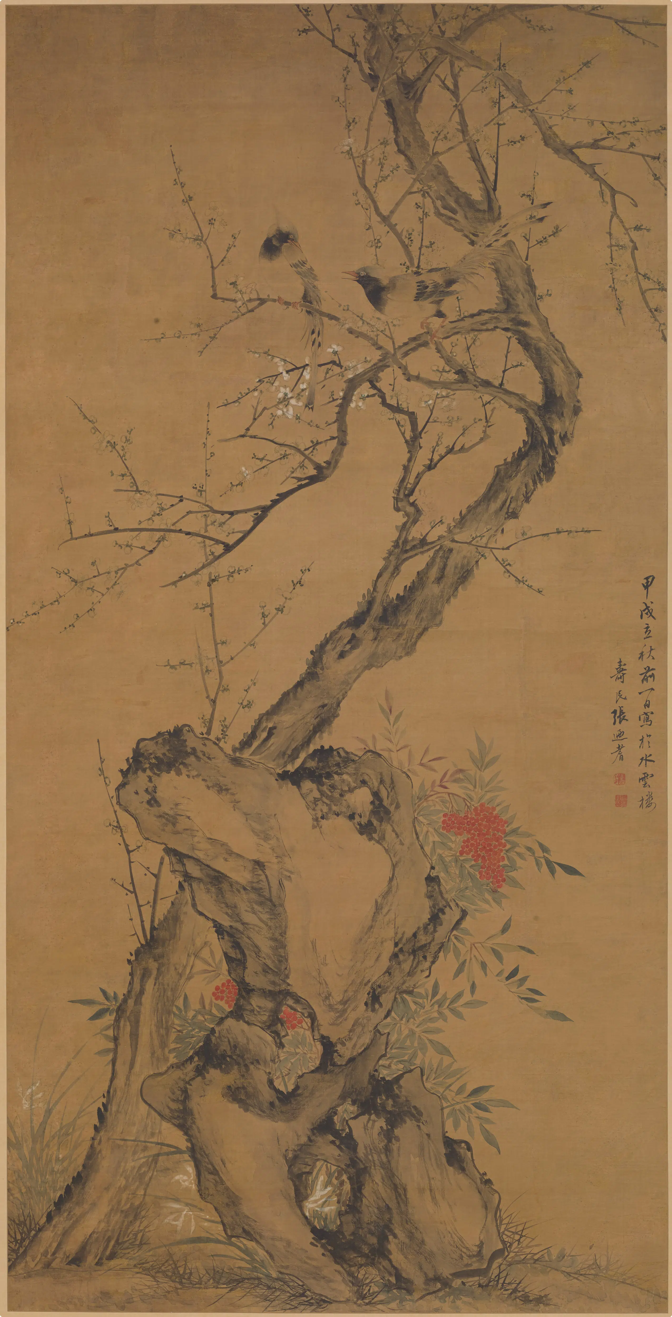 清代【张廼耆（张迺耆）】《梅石双鸟图轴》