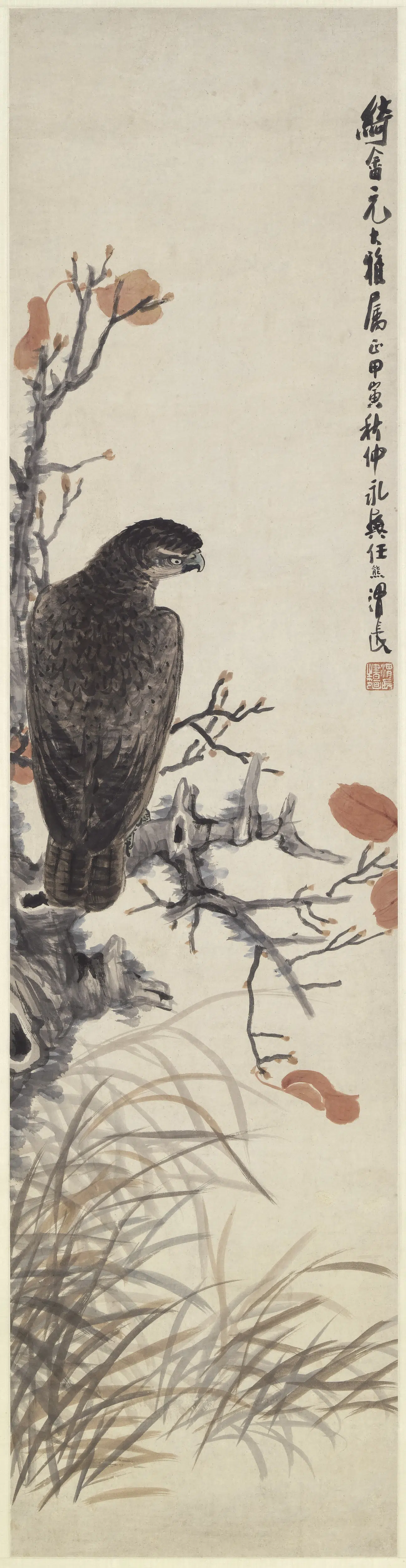 清代【任熊】《鹰树图轴》