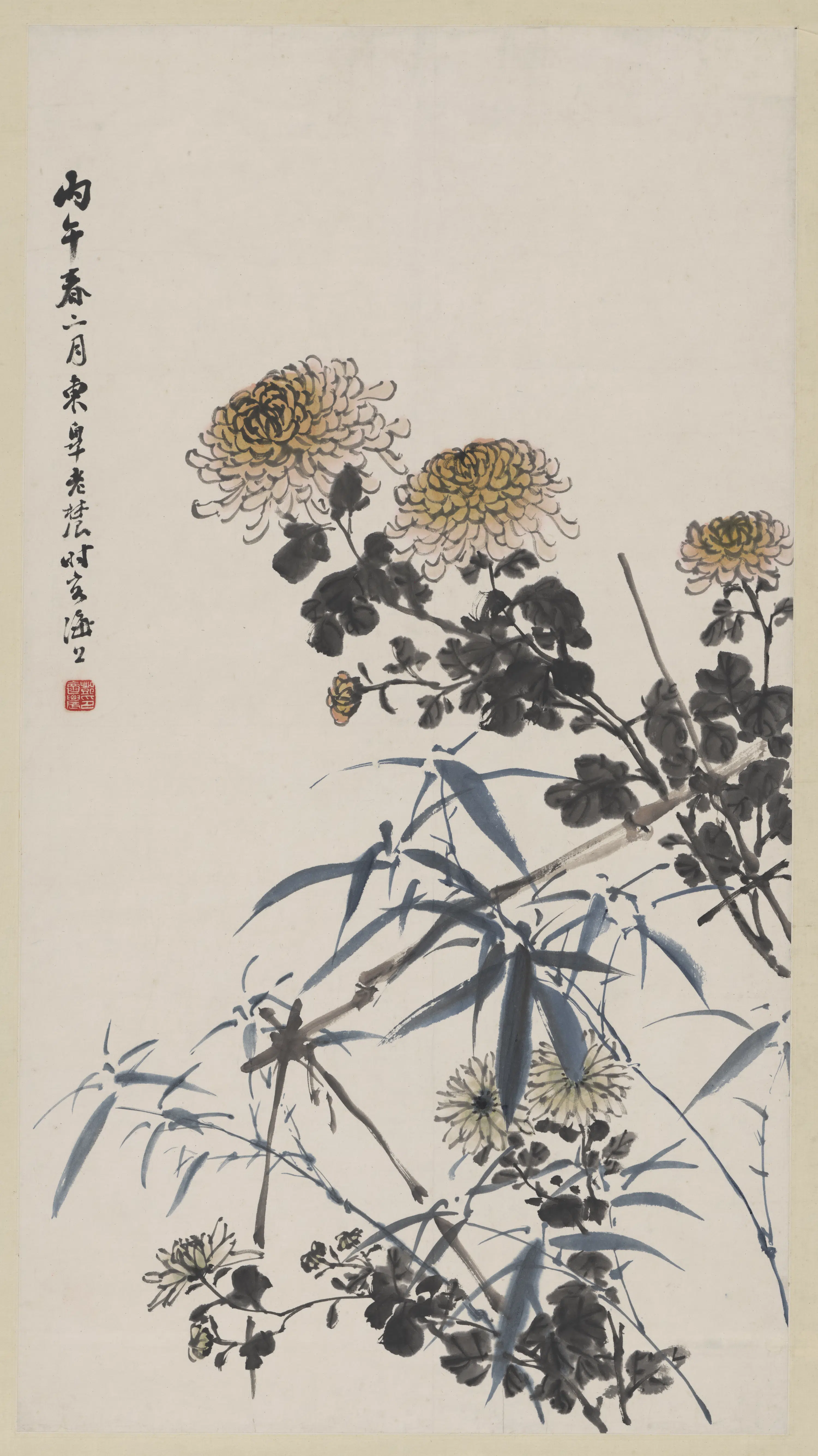 近现代【邓怀农】《凤竹秋菊图轴-1》