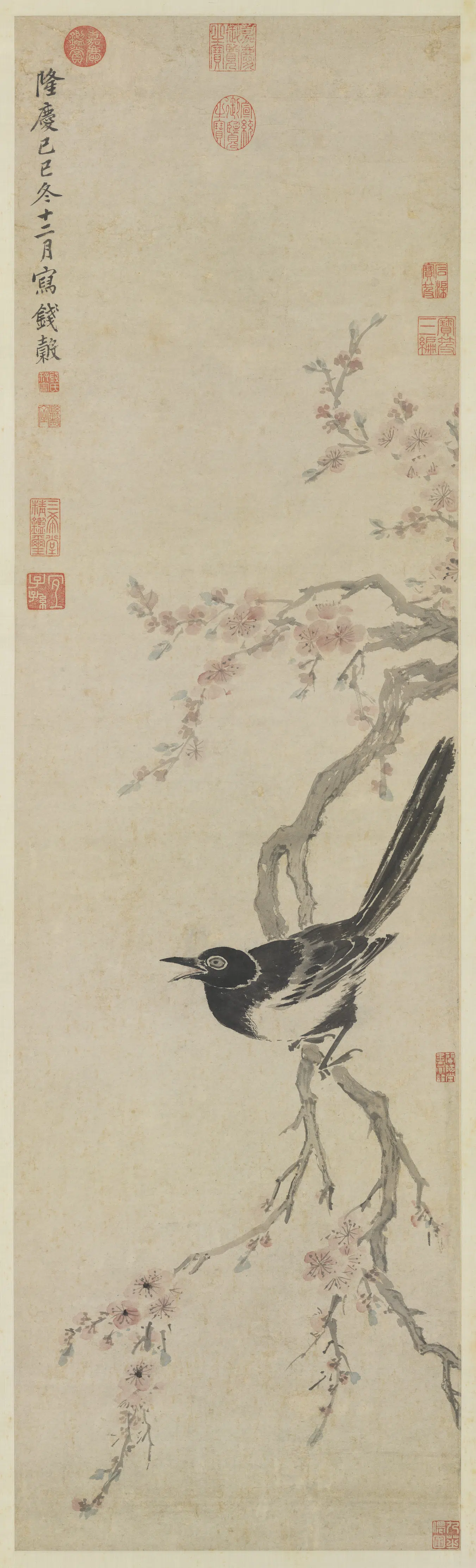 明朝【钱穀（谷）】《画杏花喜鹊图轴》