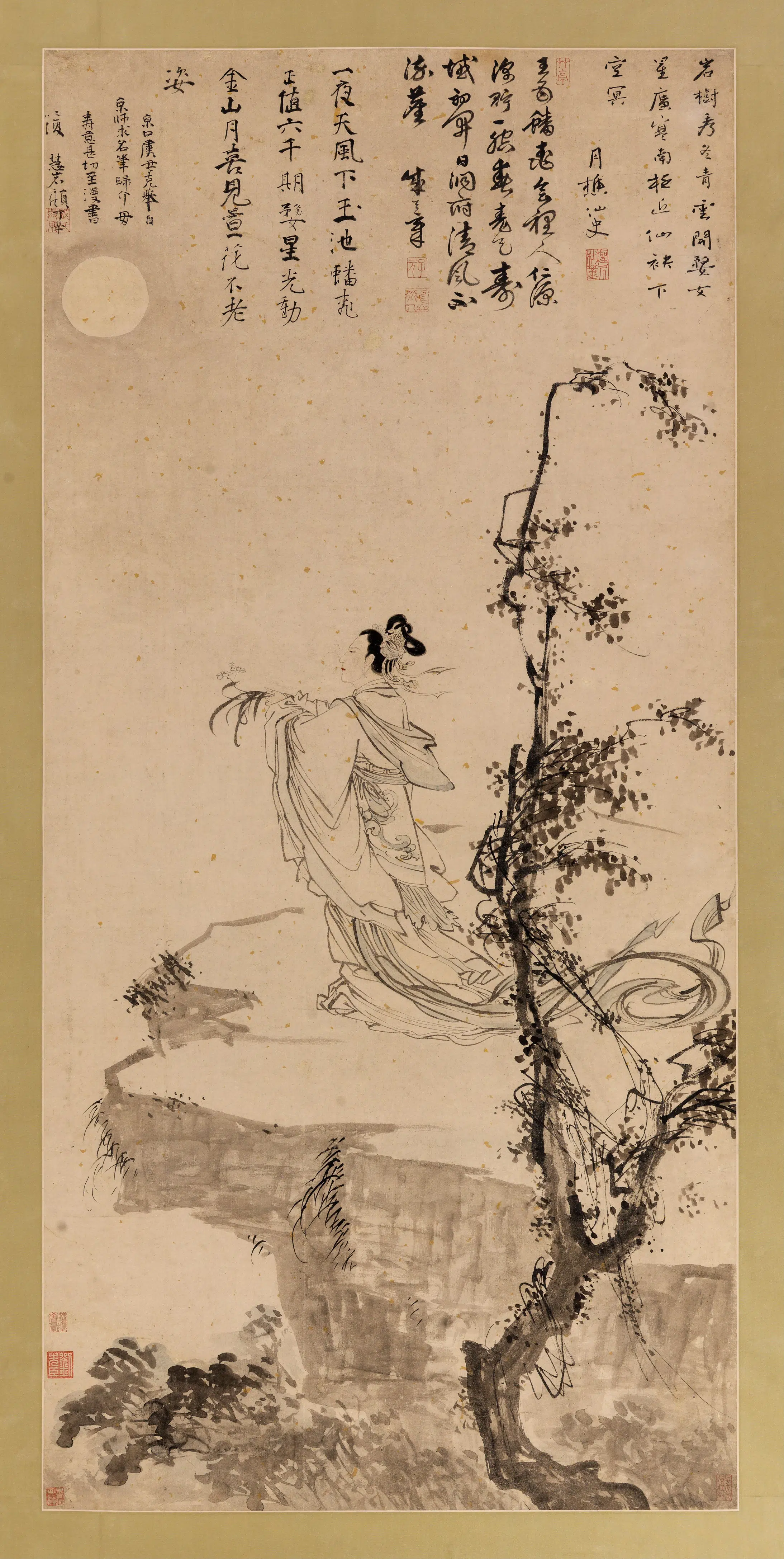 明代【杜堇】《美人献寿（仙女与萱草）》