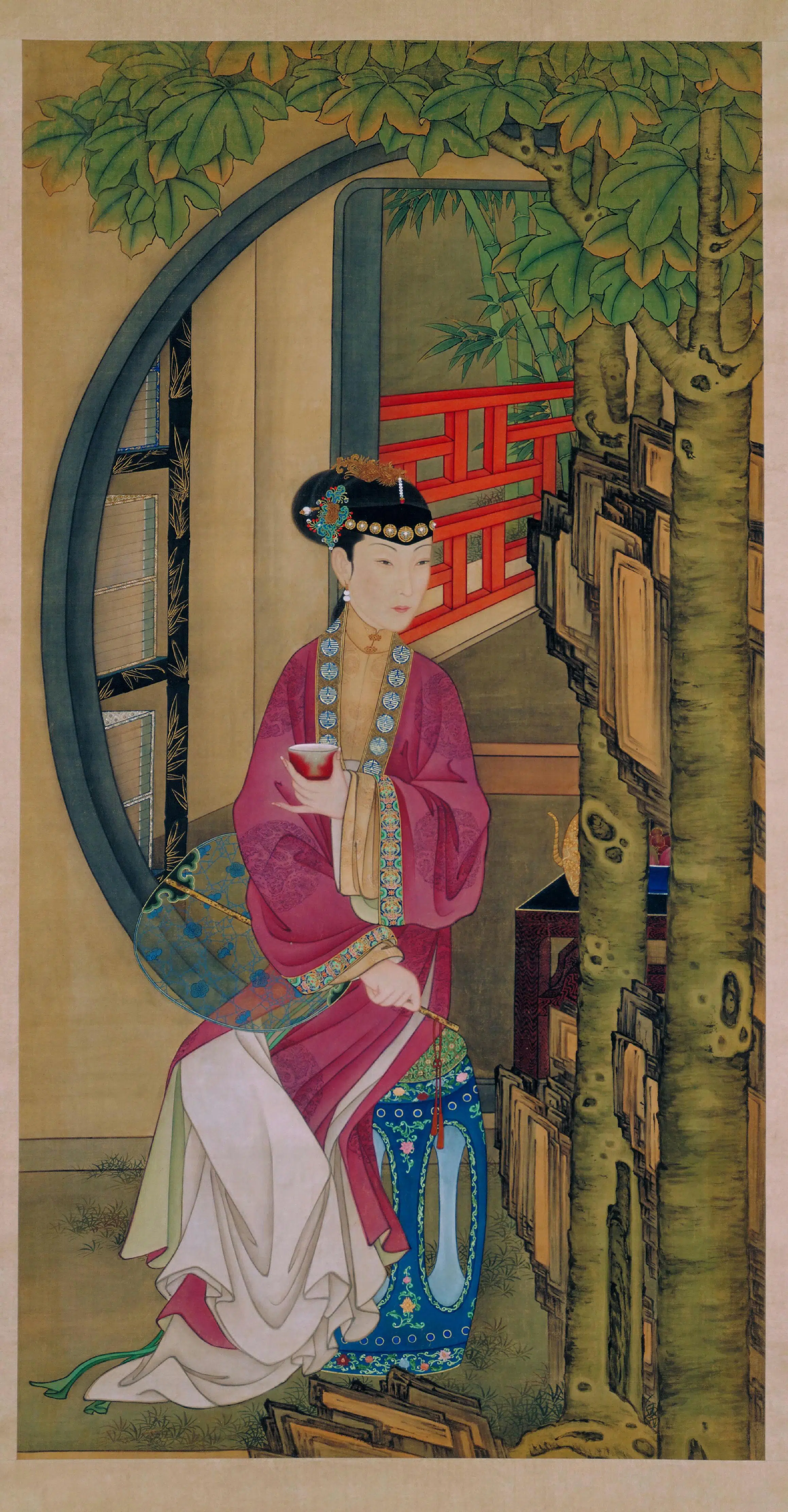 清代【佚名】《雍亲王题书堂深居图屏•桐荫品茶轴》