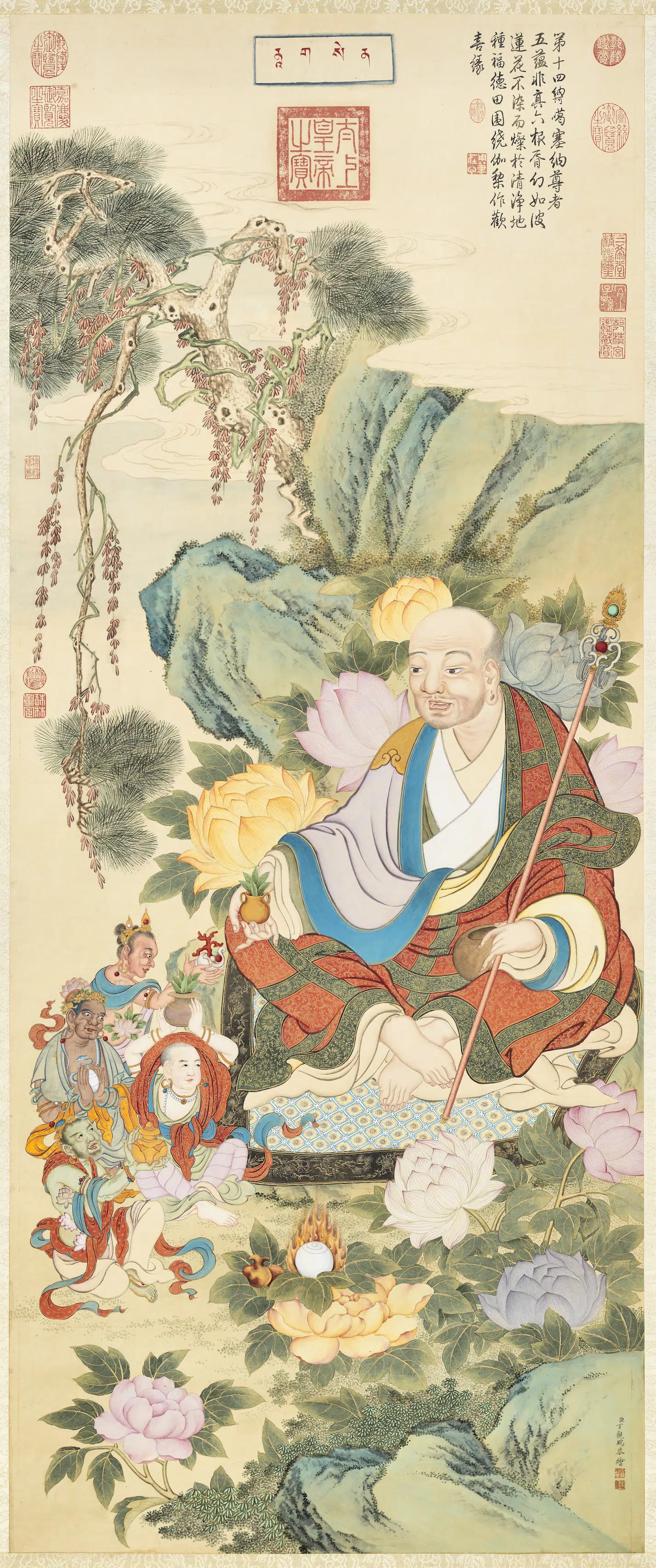 清代【丁观鹏】《十六应真像（十四）第十四纳阿噶塞纳-马恩省尊者图轴》