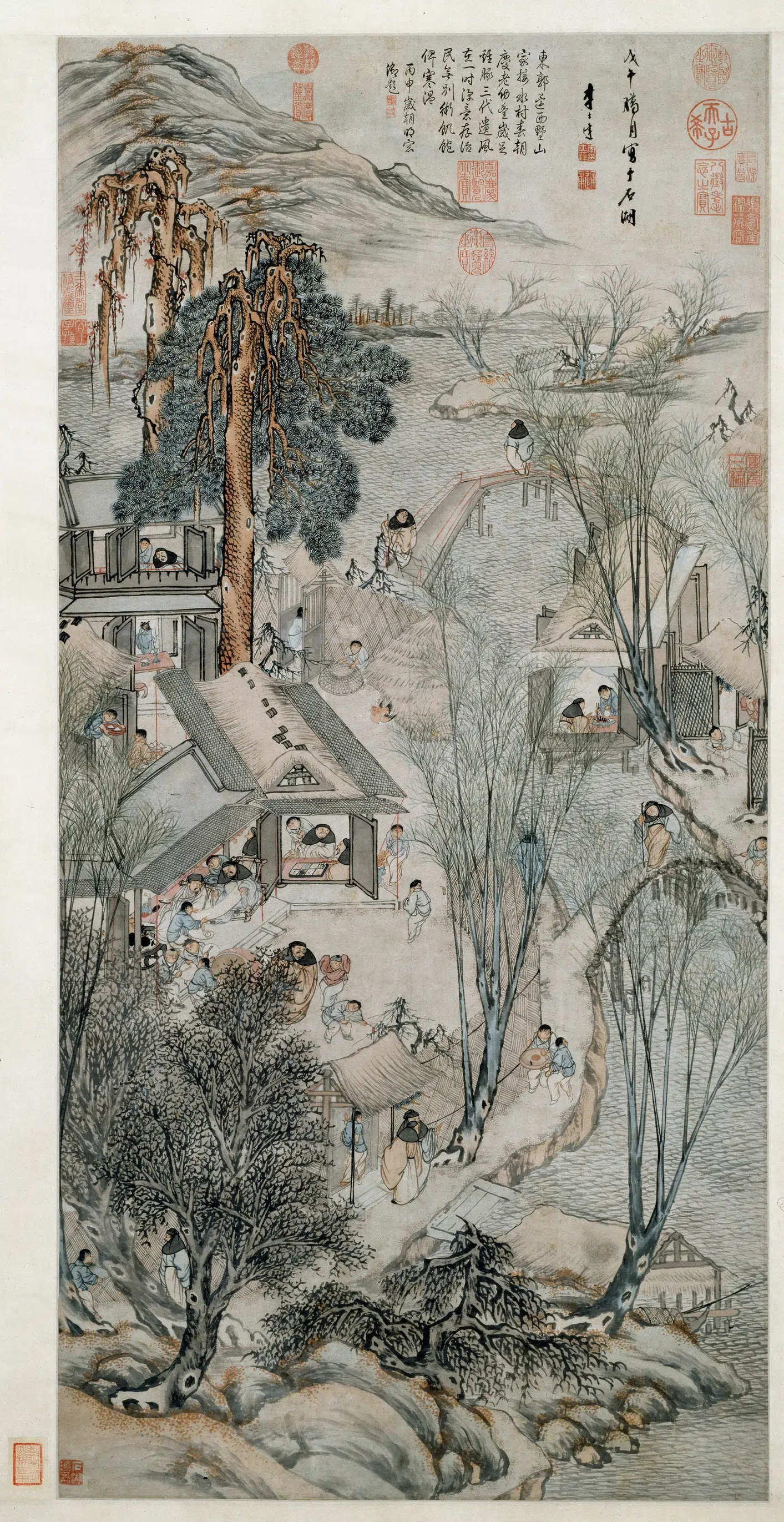 明朝【李士达】《岁朝村庆图轴》