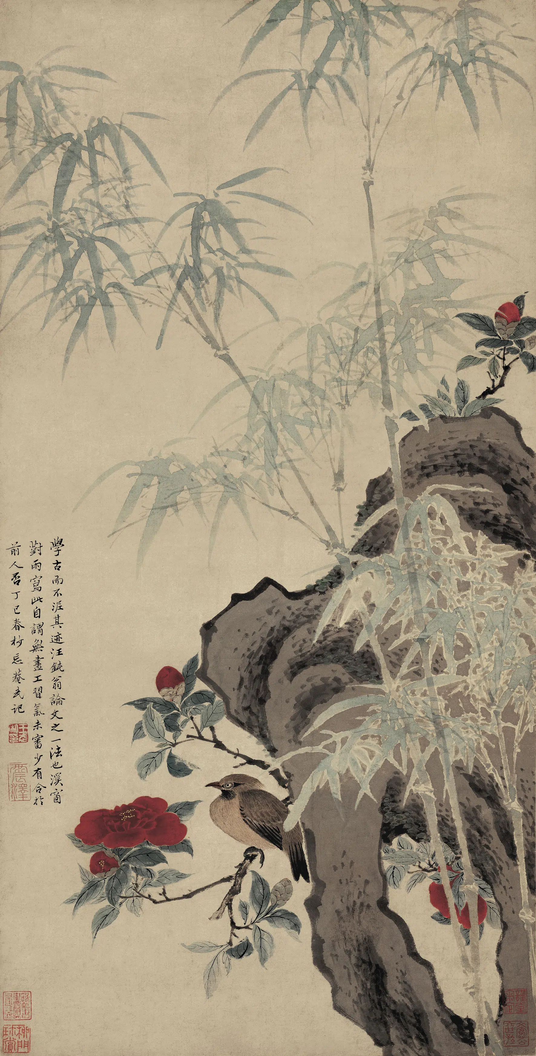 清代【王武】《花竹栖禽图》 第1张