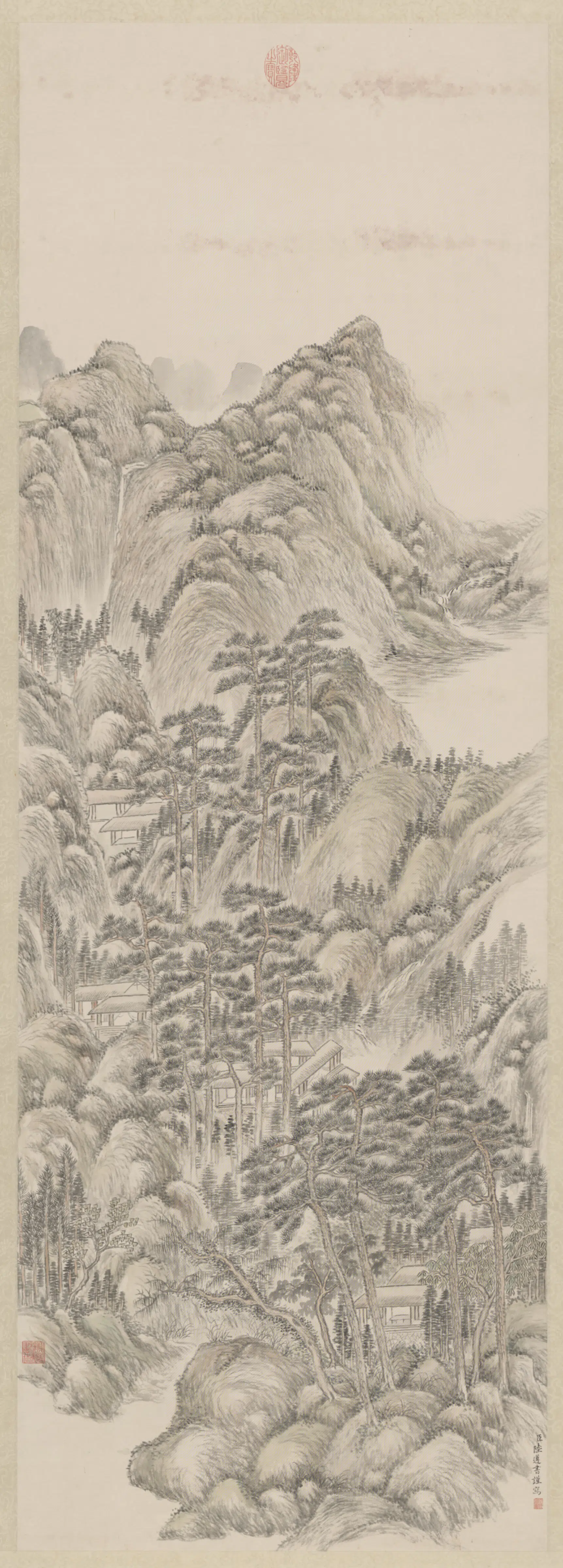 清代【陆遵书】《松鹤鸣泉图轴》