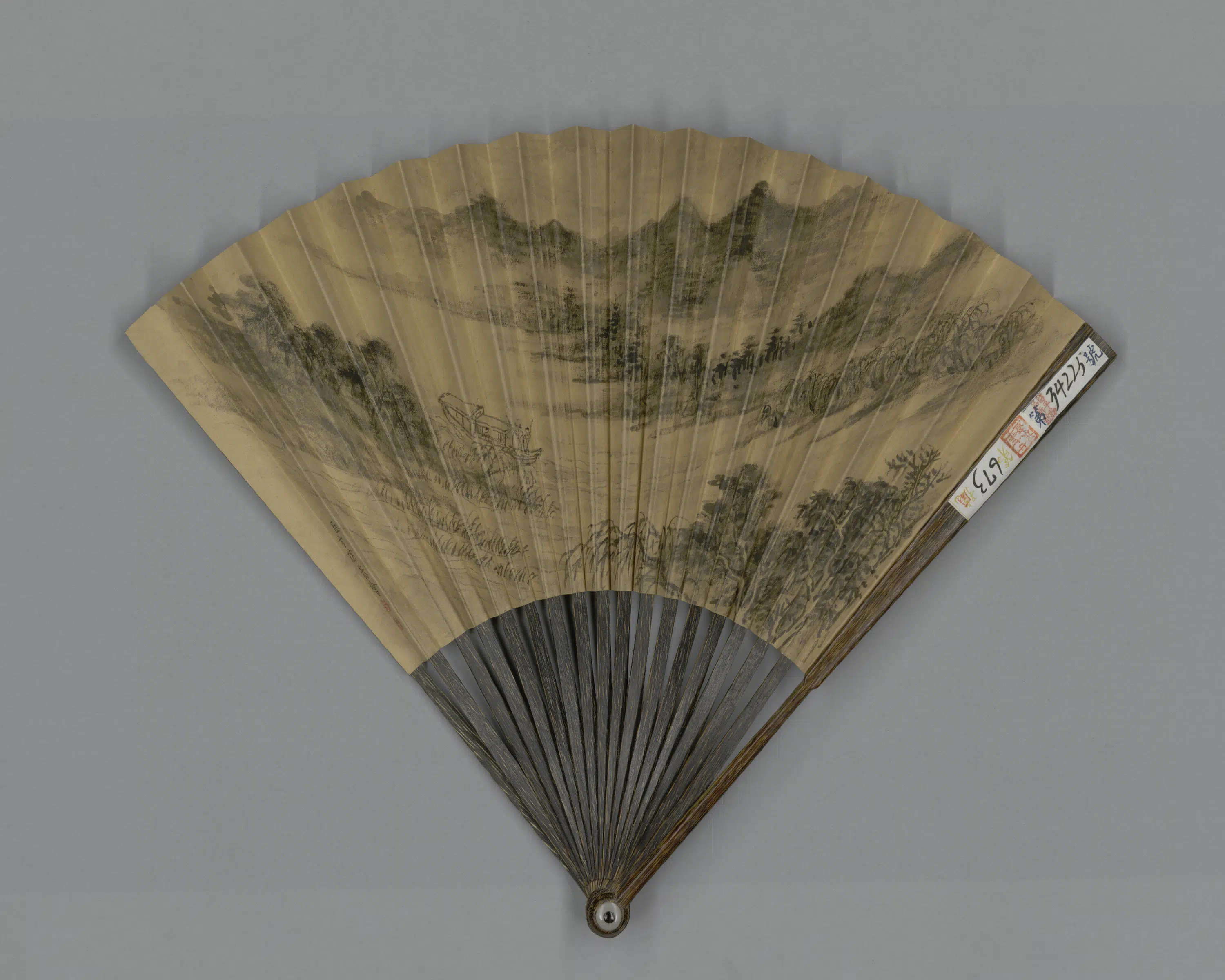 清代【方琮】《画山水嵇璜书雨中泛舟六首成扇》