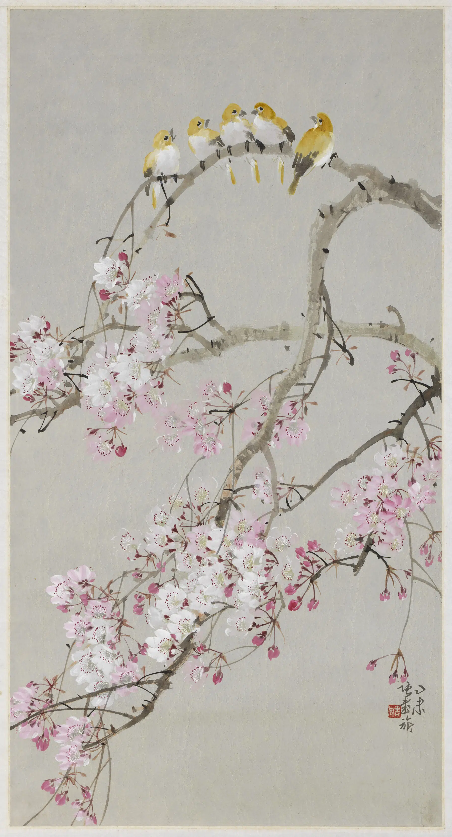 近现代【张书旗】《画桃花小鸟图轴》