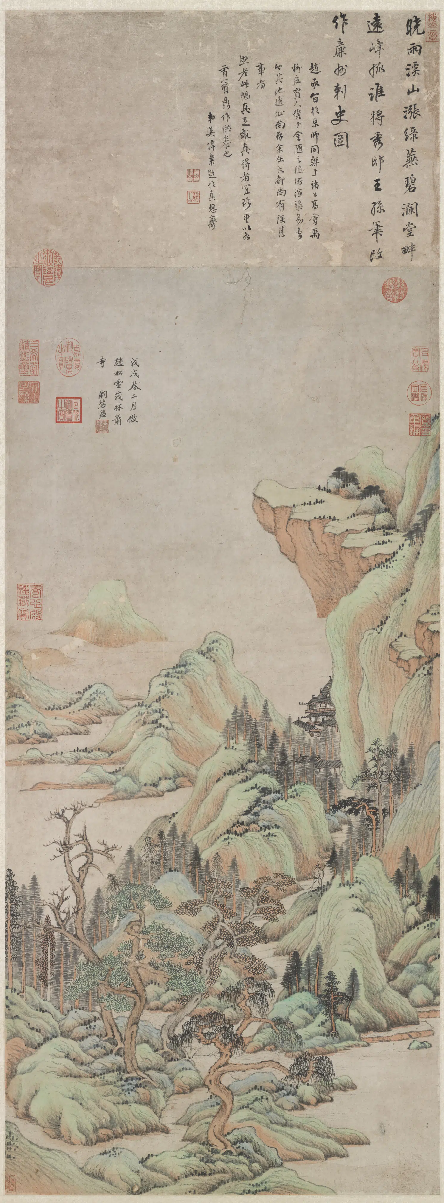 清代【王鉴】《仿赵孟頫茂林萧寺图轴》