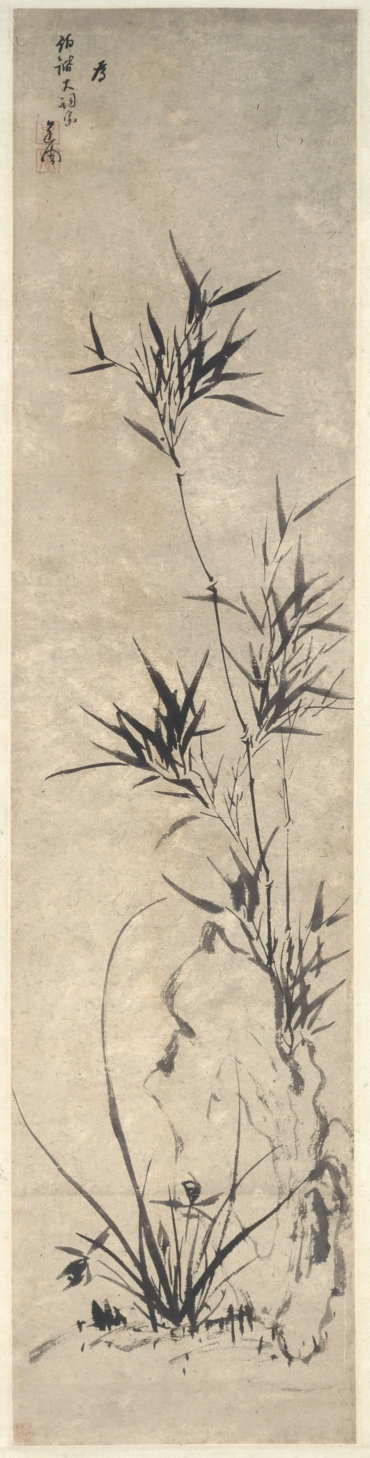 清代【佚名】《竹石兰花图轴》