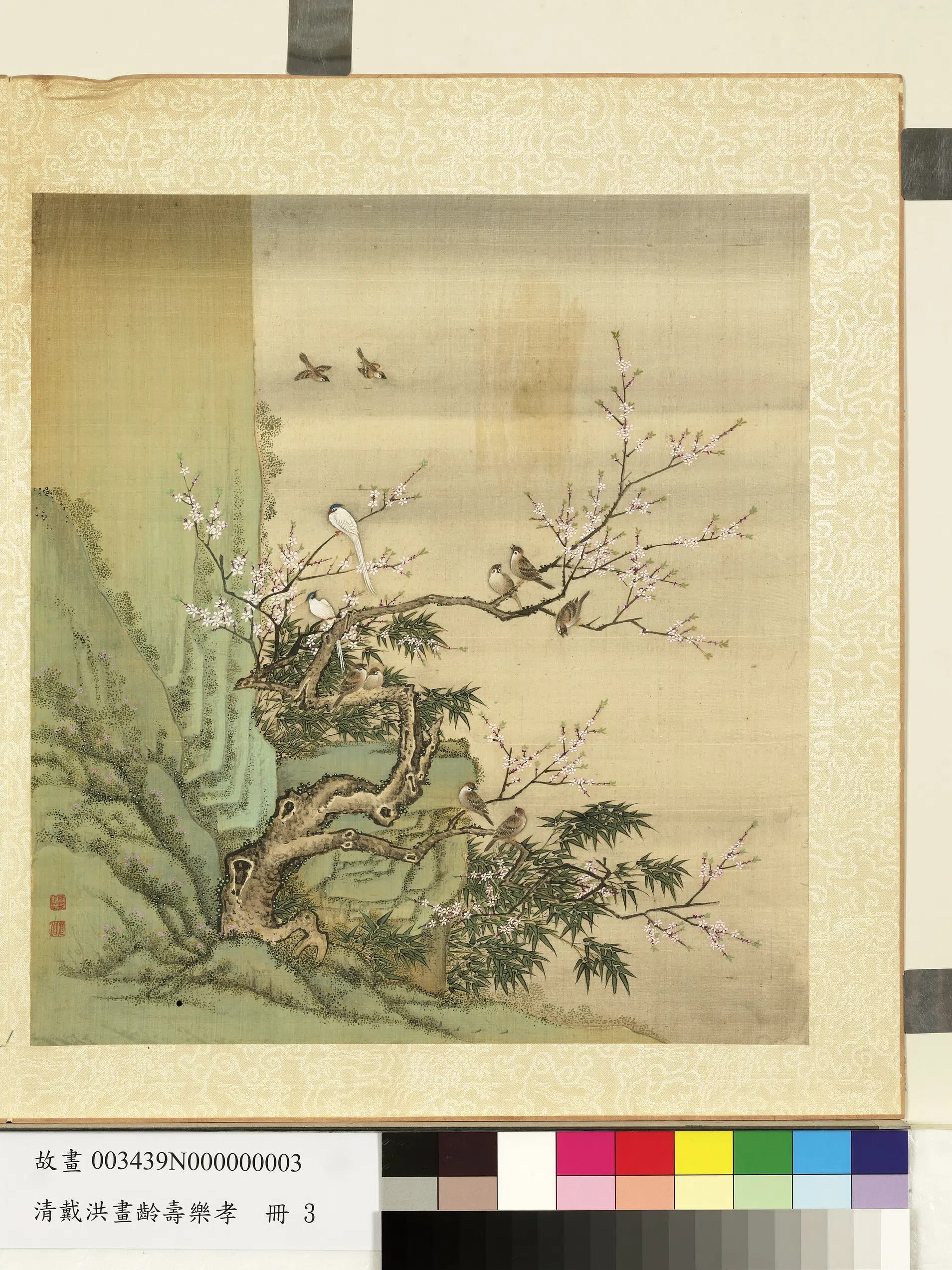 清代【戴洪】《画龄寿万年册-桃竹寿带》