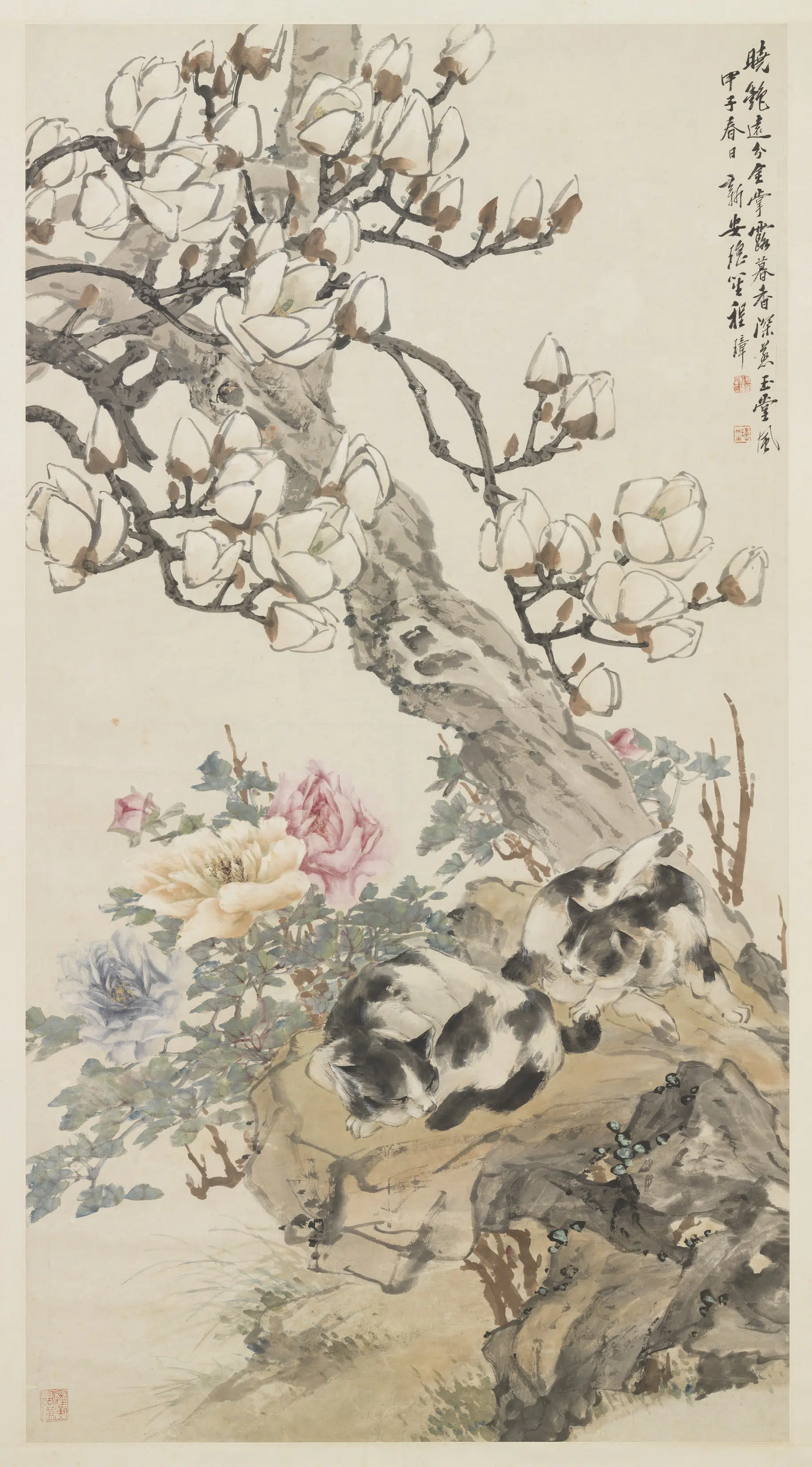 近现代【程璋】《花卉双猫图轴》 第1张