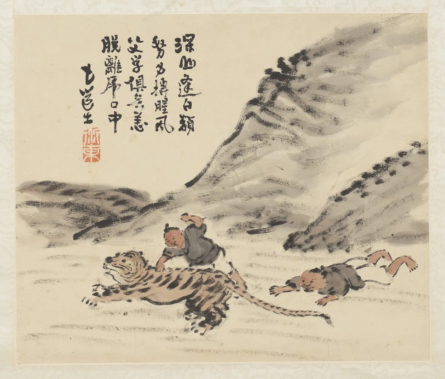 清代【曾衍东】《二十四孝八屏图轴-搤虎救父》