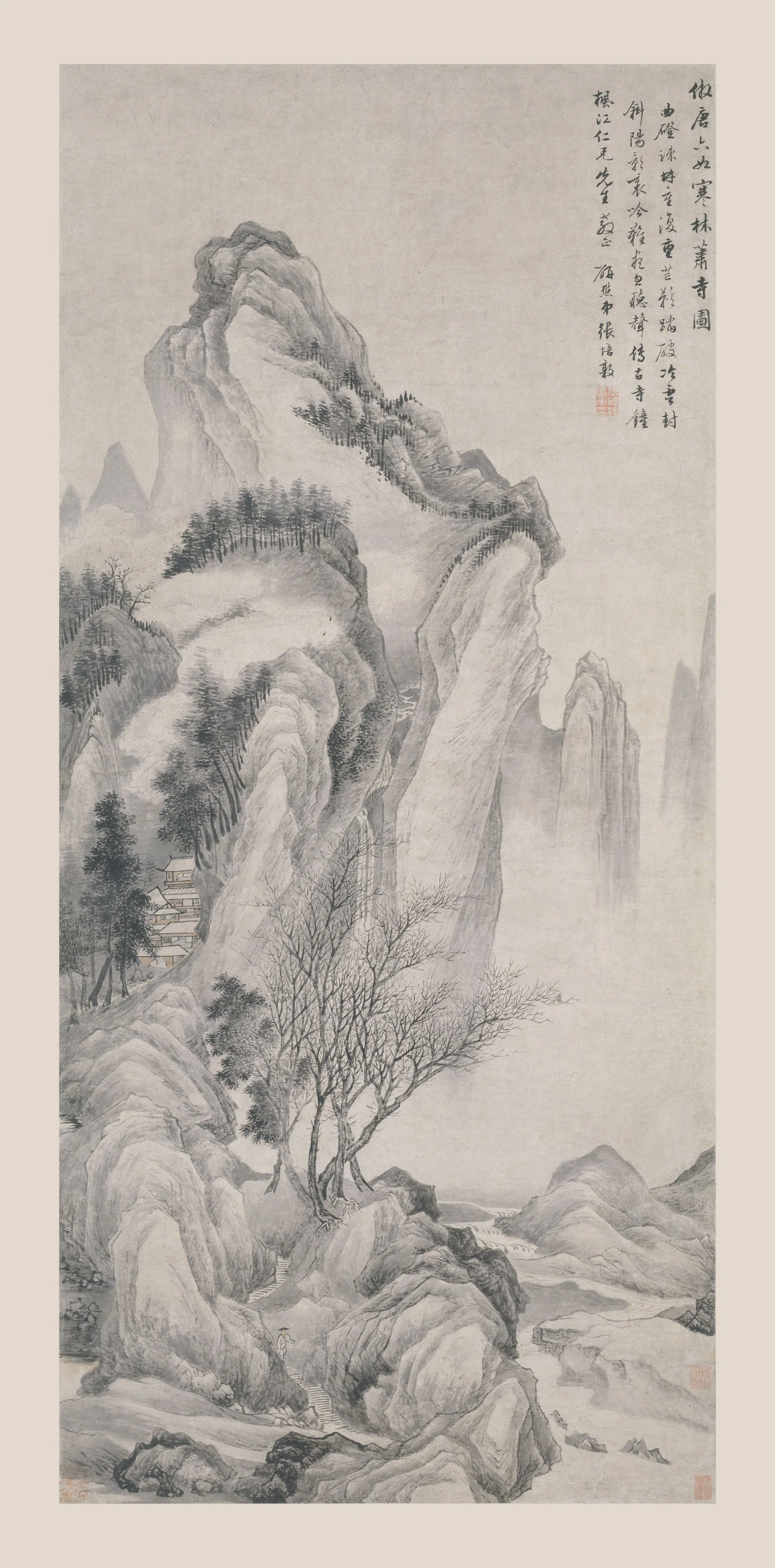 清代【张培敦】《寒林萧寺图轴》