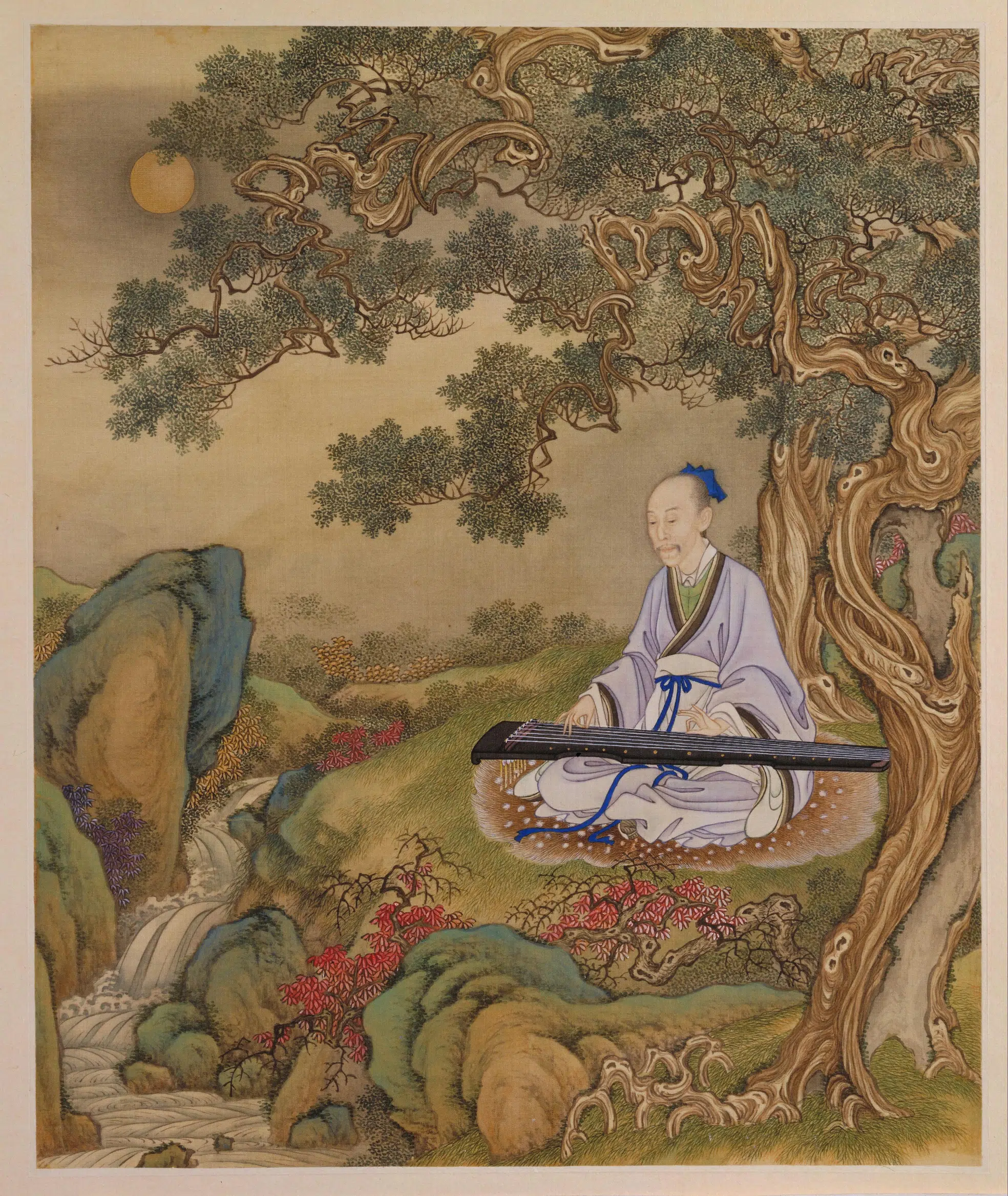清代【爱新觉罗胤禛-清世宗雍正皇帝】《胤禛行乐图册•松涧鼓琴页》