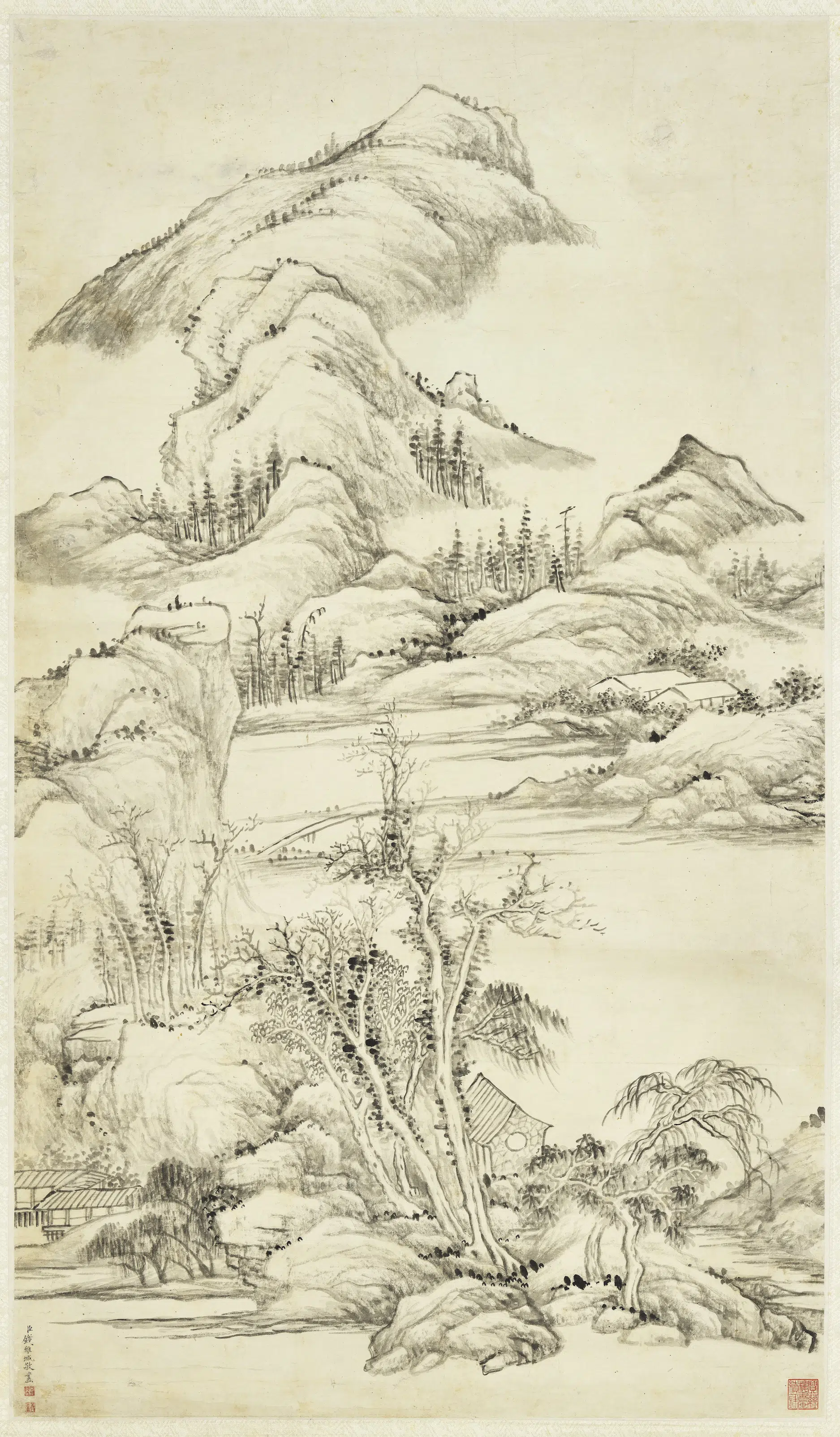 清代【钱维城】《溪桥野趣图轴》