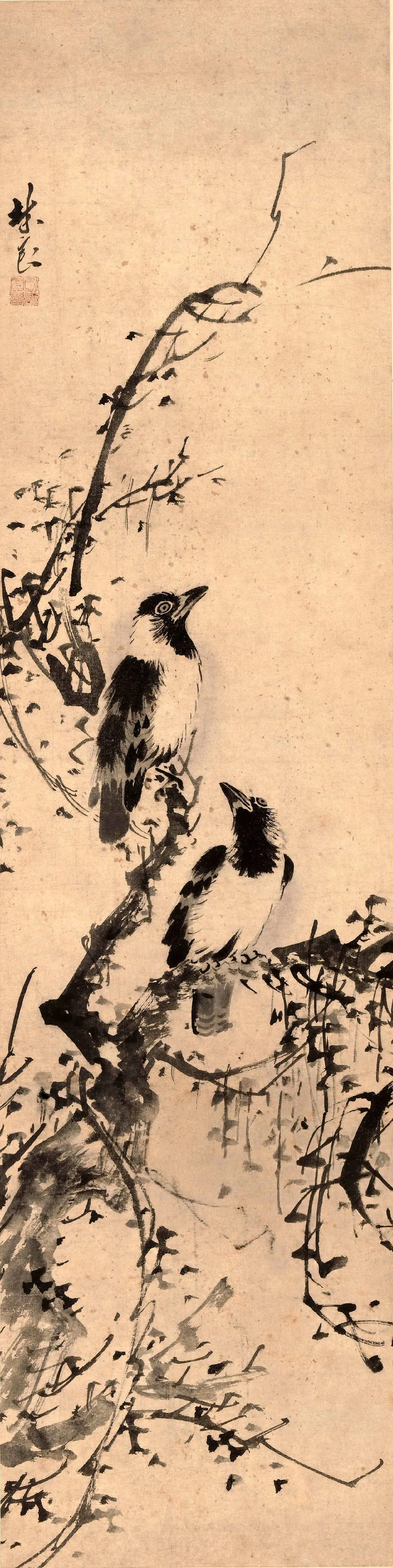 明朝【林良】《枯木寒鸦图轴》